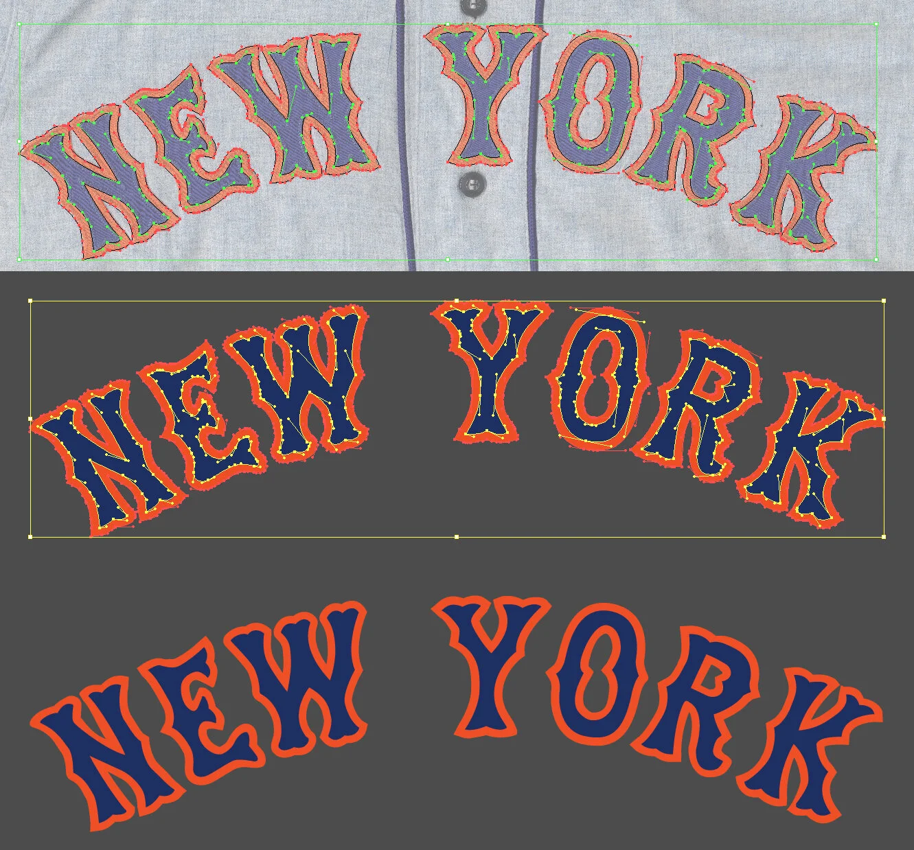 We need to recreate the 1973 vintage wordmark, so we pulled a scan of a 1971 Mets road jersey from our archives. The top photo shows the exact copying of the design; the one on the bottom is softened and repaired to remove some of the distortion of t