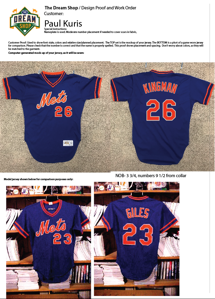 The Dream Shop *always* begins with a proof. The photo on top is a computer-generated mockup featuring Paul's jersey with the exact lettering superimposed on top. This step is vitally important to ensuring that the end result is exactly as my clients