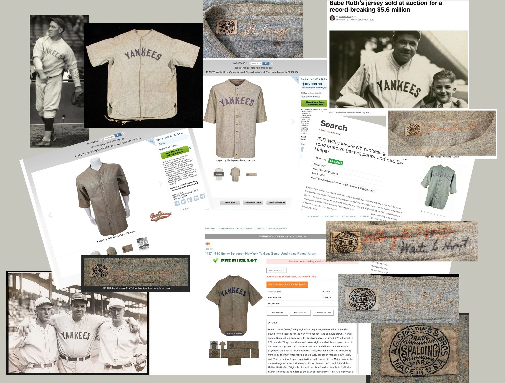 There is ample auction history for the sale of multiple 1927-28 Yankees jerseys. Documented is the story that collector Barry Halper purchased a trunkful of these uniforms from the Yankees equipment manager. The Ruth and Gehrig examples set new aucti