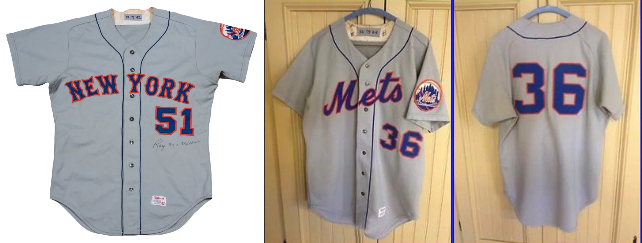 The Mets, like most other clubs in the 1970s-80s, sent their used uniforms to the minor leagues to be reused. The original appearance of Koosman's road jersey was the arched fancy "New York" at left. How it appeared when I received it is at right; wh