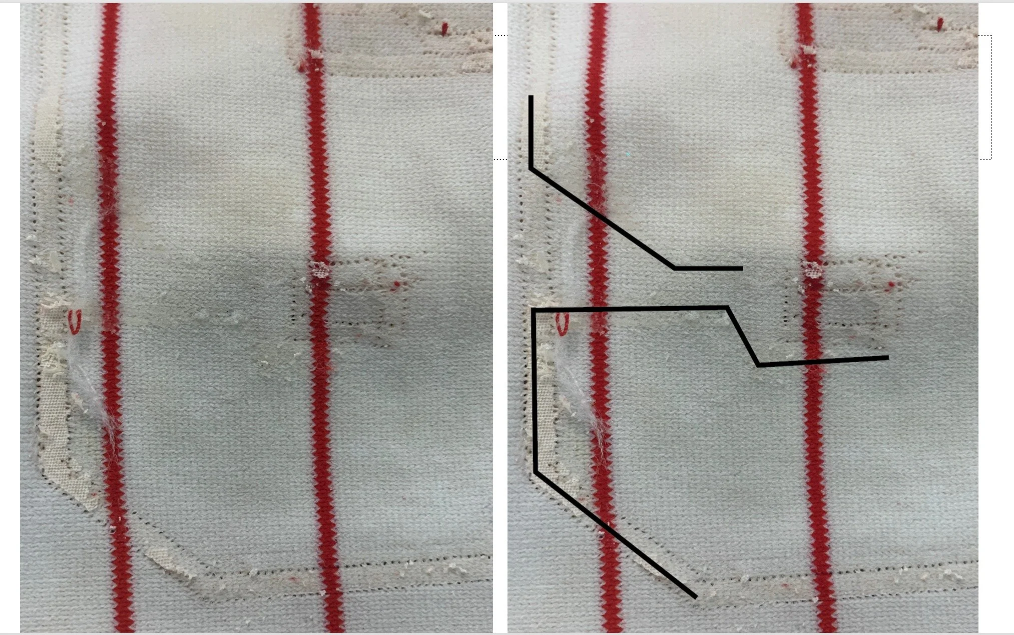 The 46 on the front looked completely original, but I decided to remove the six to see if it had perhaps been turned upside down and was originally a nine. When I did, very faint ghost lines from old stitching on the shirt and some flecks of dried gl