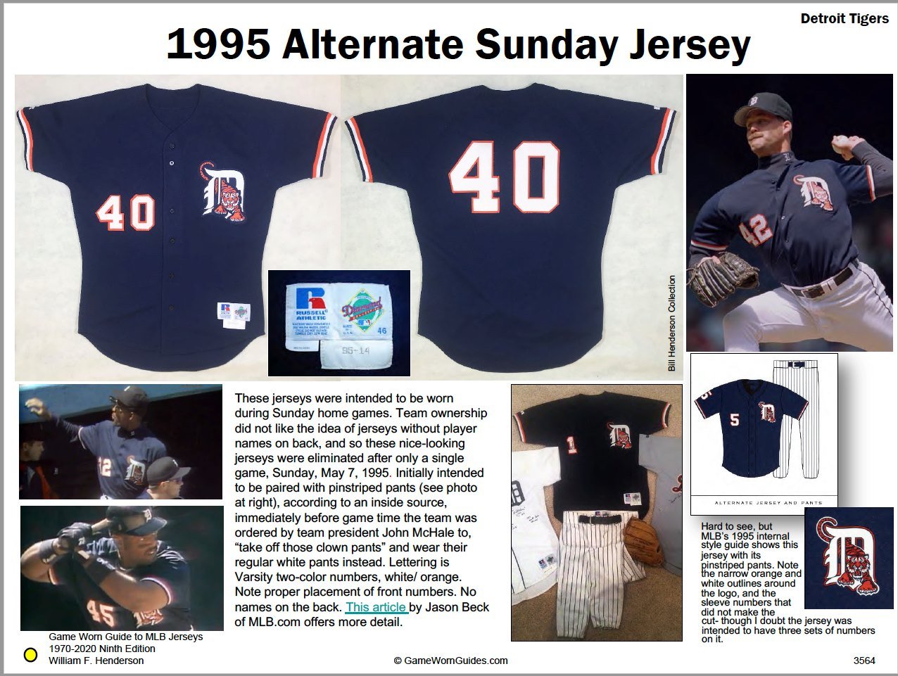 The year was 1995. Hardcore Tigers fans know the story of the “one-game” 1995 Navy Blue alternates. I cover them in some detail in my book, and that’s my #40 jersey of pitcher Jose Lira at the top.
*********
Closely resembling the team’s blue batting