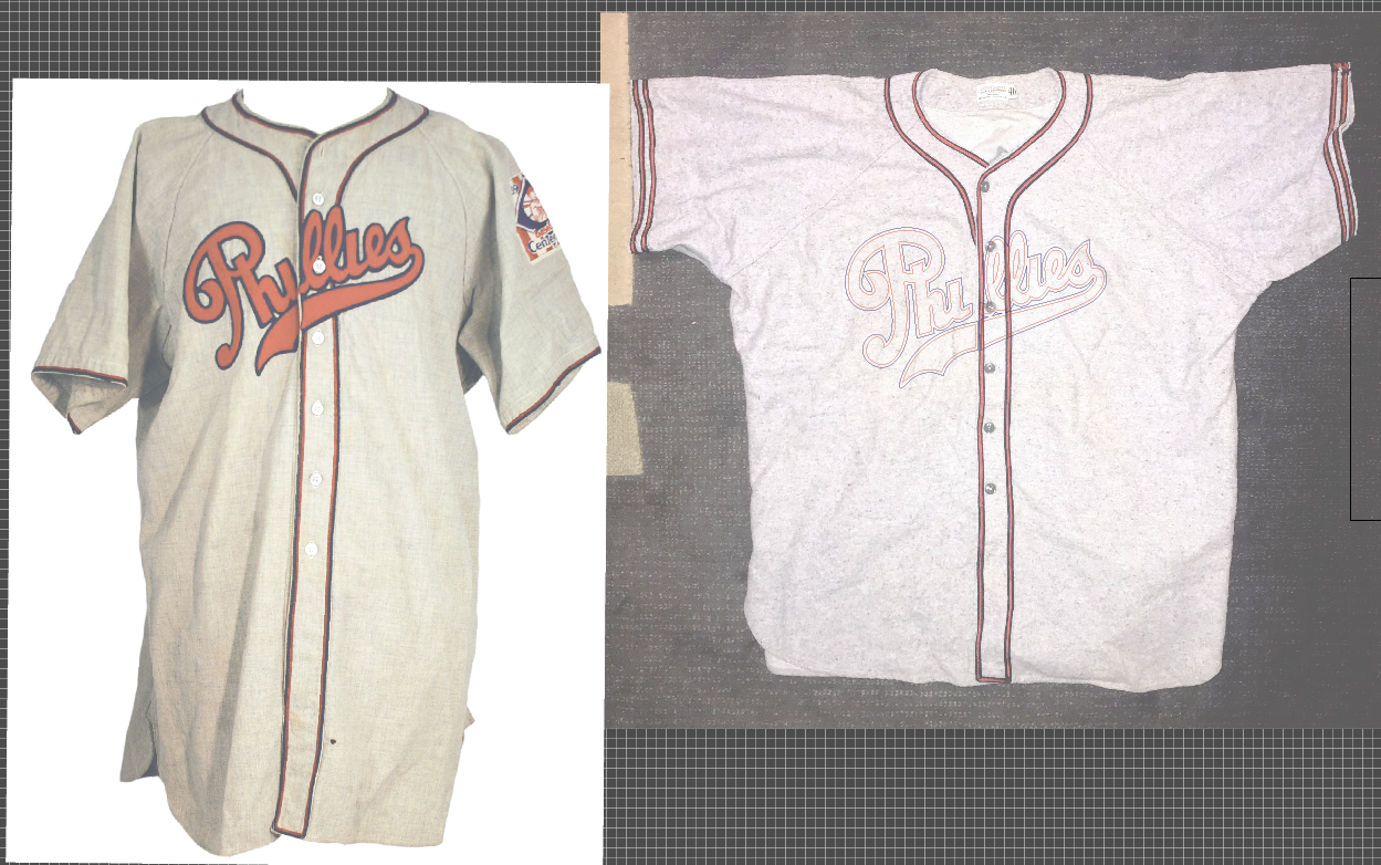 Here is the original Phillies jersey from my archives and the reproduction with the logo superimposed on it. The buttons are not in the correct places. No compromise here! We must relocate two two buttons-- and their buttonholes -- for the reproducti