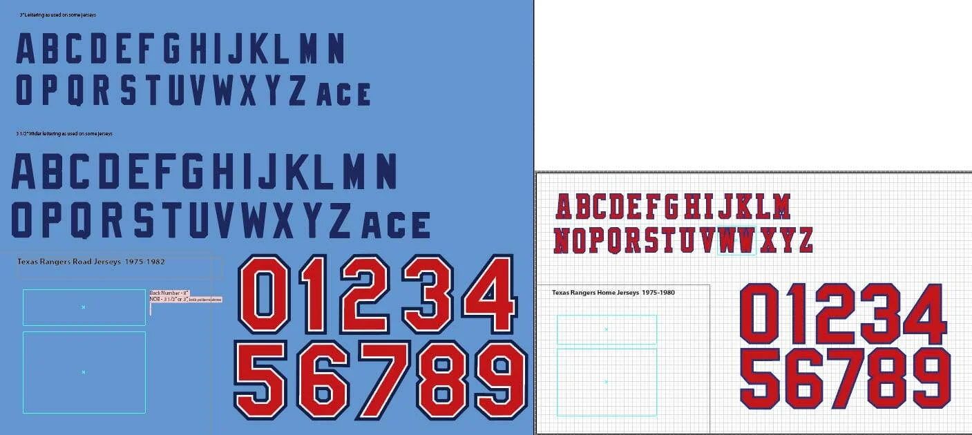 I have recreated the Rangers’ fonts from the late 70s using many game-worn jerseys as my guides. Notice that the team used different fonts for home vs. road uniforms. Different makers sewed the home and road jerseys in each year, and this being the 1