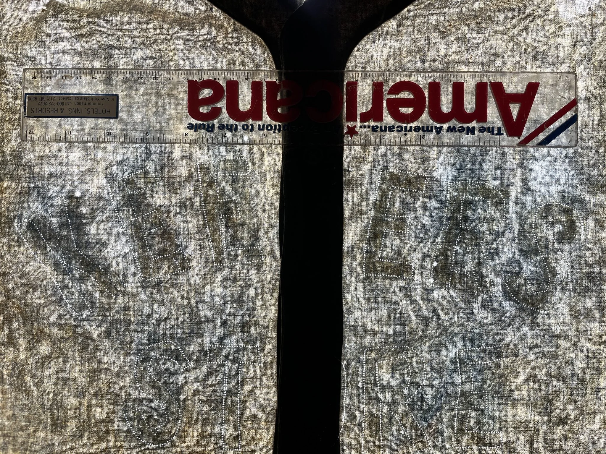 Invisible to the naked eye, but immediately apparent when laid on the light table was the arched word “YANKEES”, its individual letter ghosts had ben directly beneath KEEFERS which was the same number of letters. These ghosts are visible not, as you 