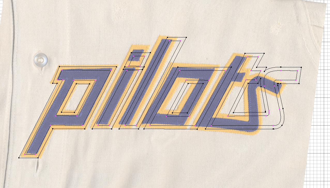 Here is my art laid atop the initial restoration. Note the mismatch -- it seems the prior shop found a Pilot jersey photo on the web, scanned the wordmark and used it without carefully correcting it.