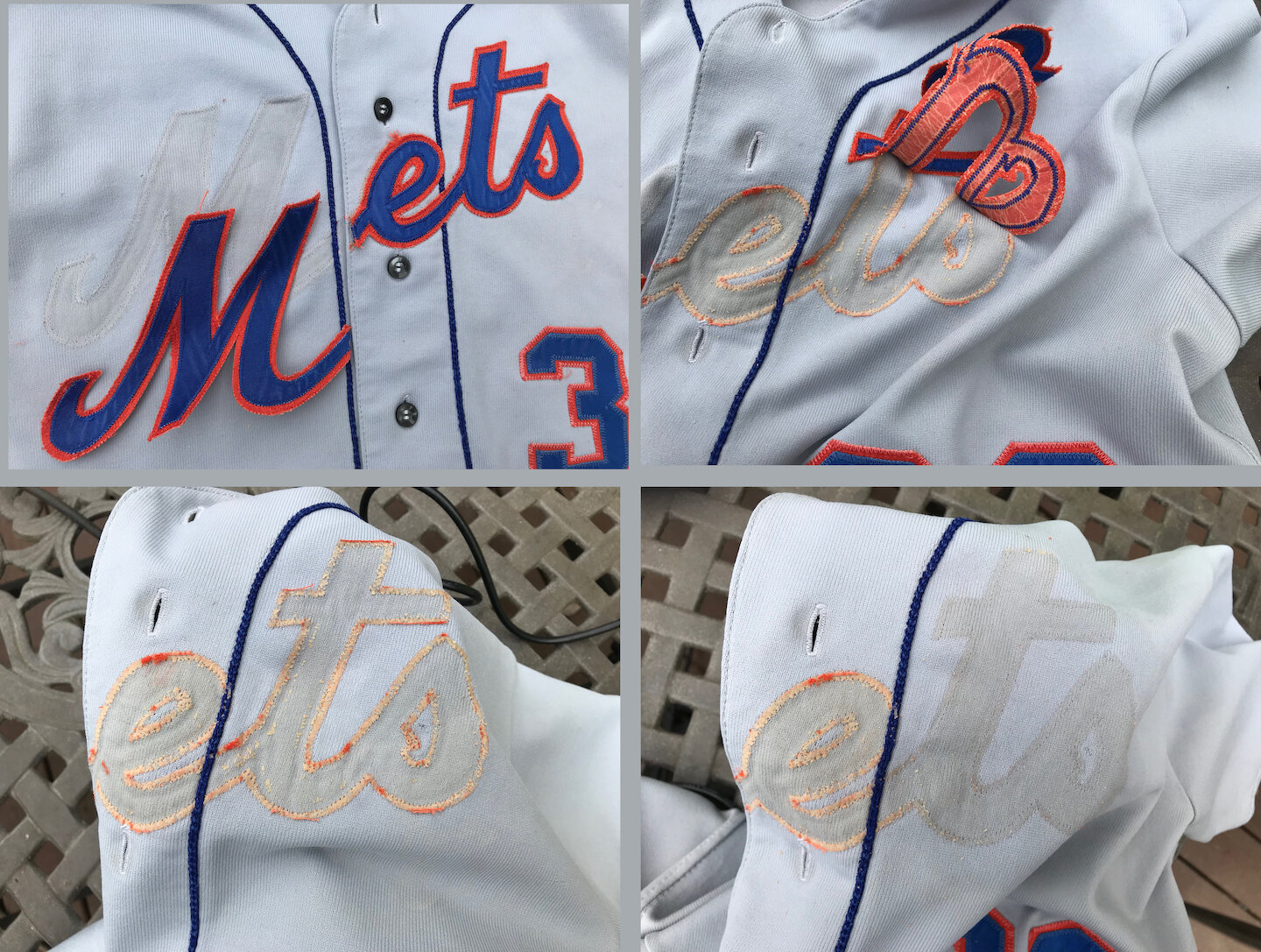 There is heavy glue and some dye transfer to the fabric below. In photo four, you can see how we used an intense stream of dry cleaning fluid from a high pressure gun to remove nearly all of the residue.