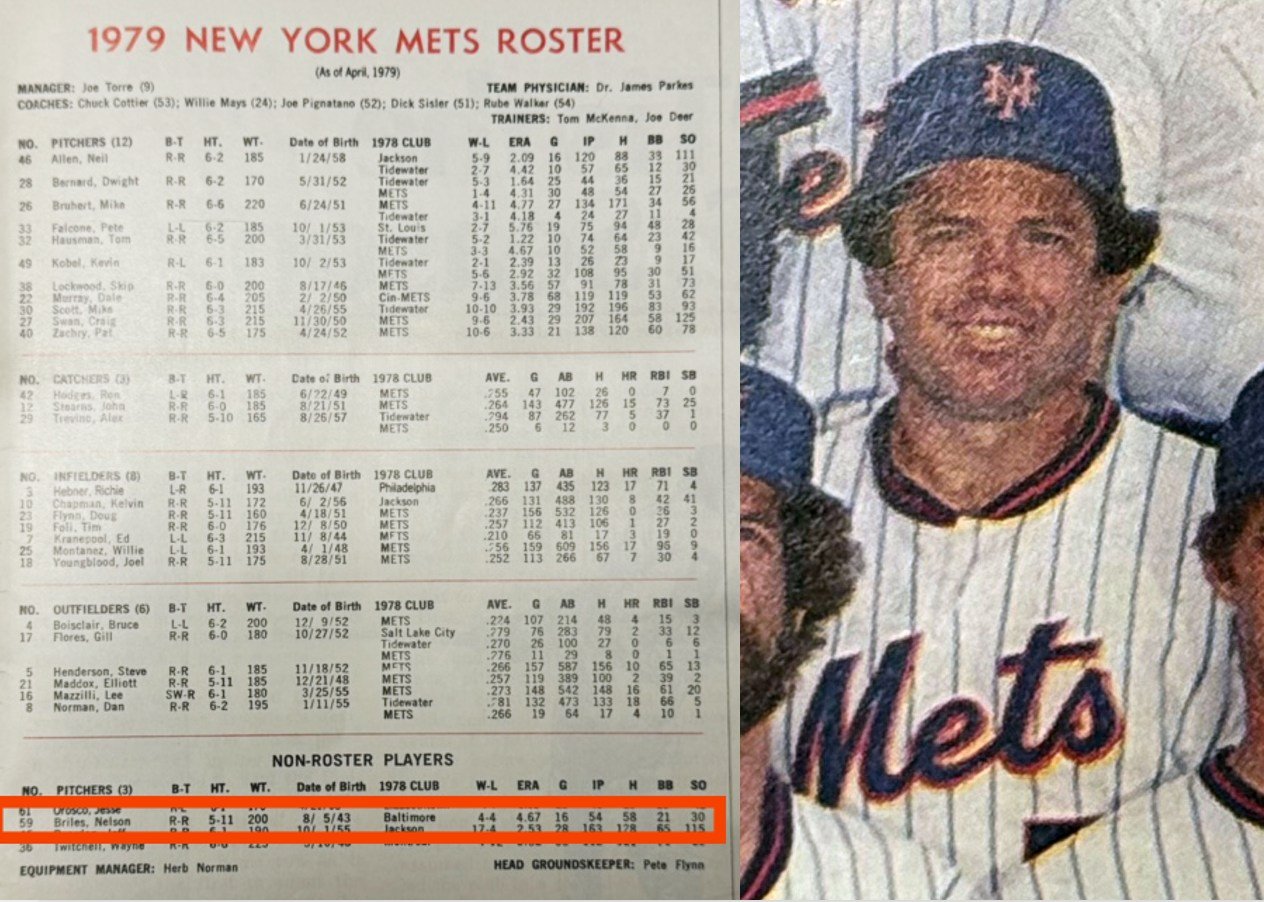 Robert was also able to locate a late spring training team photo of the Mets where Nelson Briles can be seen sitting with the other players, and again the alignment of the pinstripes with the stitched on elements on his jersey indicate that he is ind