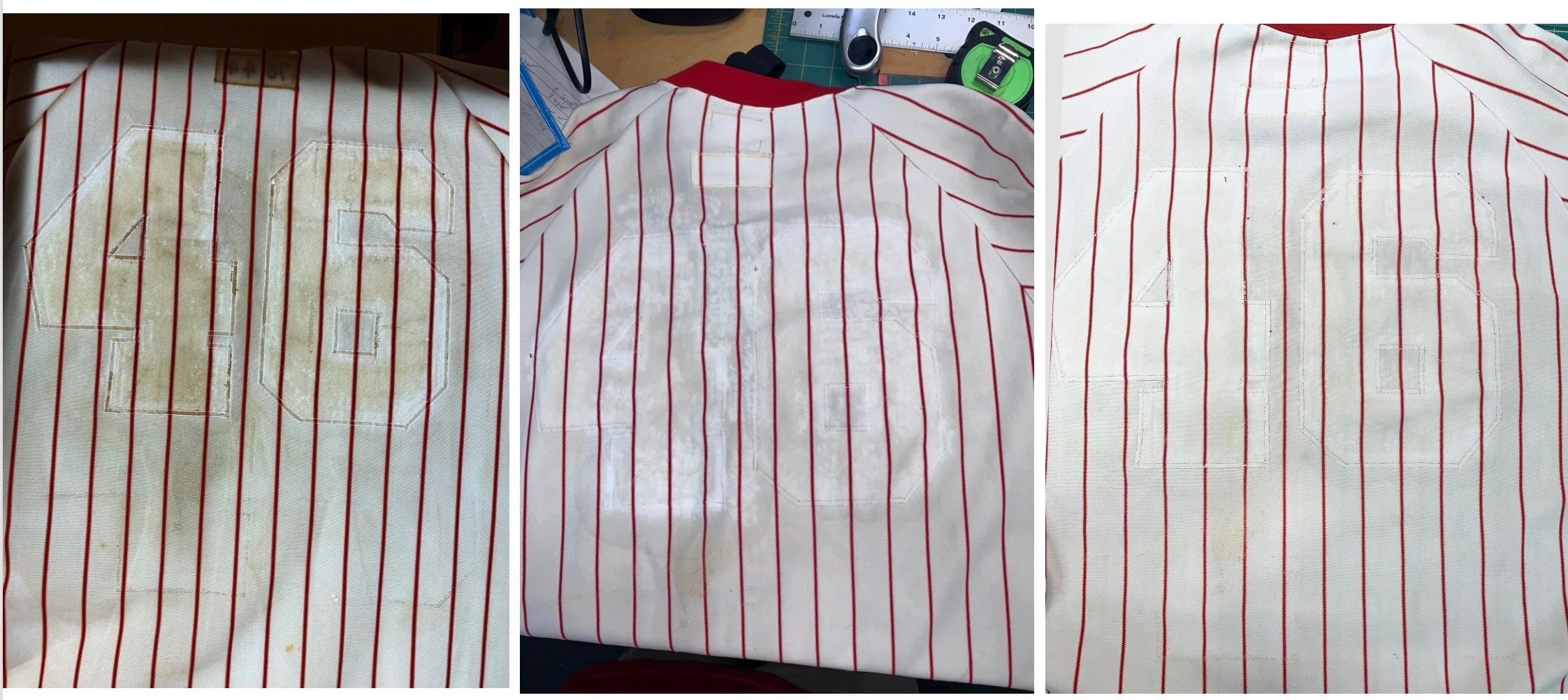 Our forensic work complete I now turned my attention to cleaning this filthy shirt. It was so stained with years of dirt, and caked with dried crusty adhesive, that when put on the light table you could barely see through it in some spots.

I have le