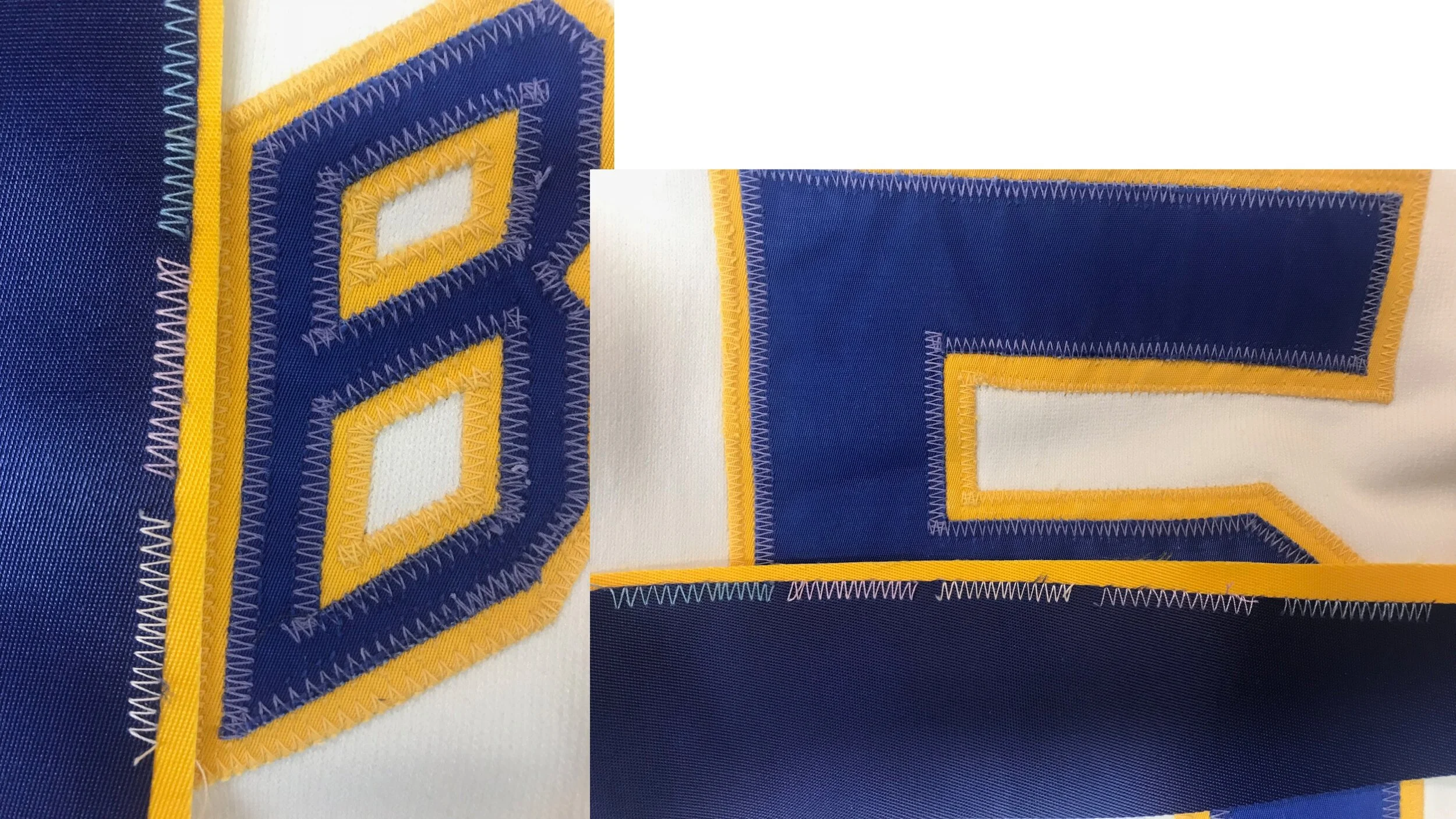 Here's where our restoration diverges from the prior ones: the customer wanted the new numbers to match the old, in terms of patina.  Laid next to each is a sample of the two new fabric layers, sewn with several colors of thread from gray, light blue