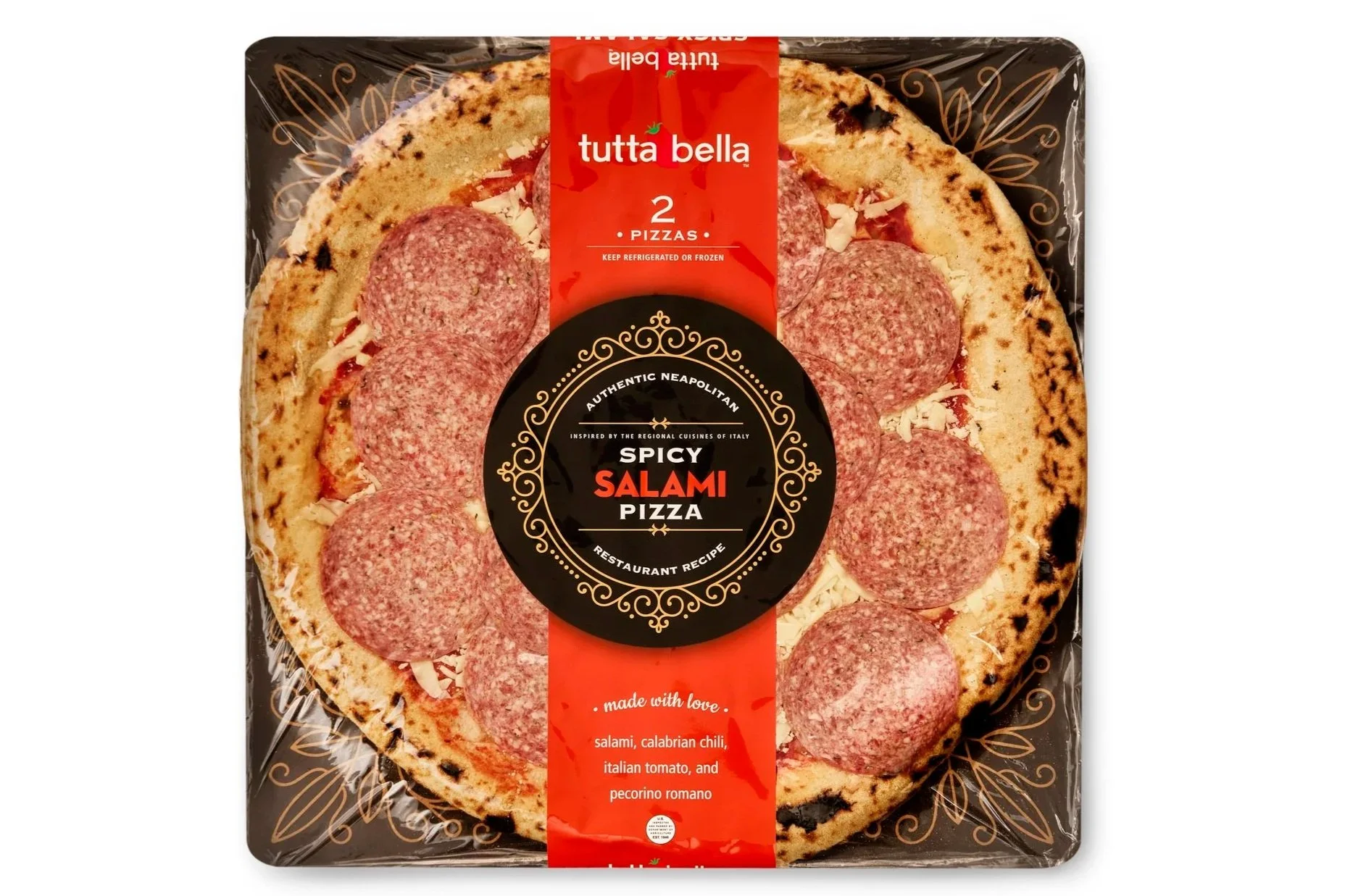 Frozen pizza with pepperoni slices on top, branding indicating it is Tuttabella Spicy Salami pizza, with red and black label and decorative gold accents.