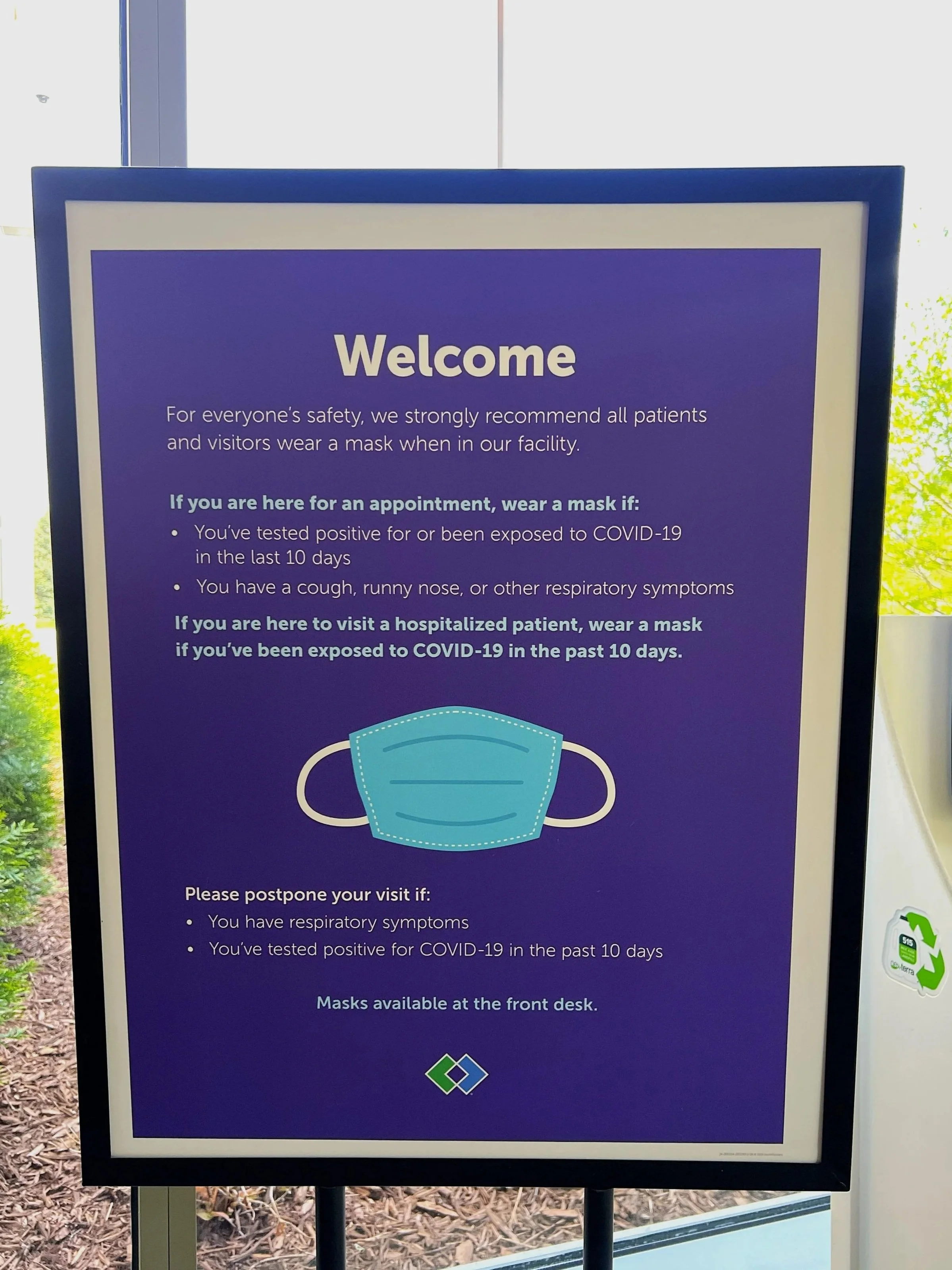 "Masks available at the front desk" Standing Sign, HCMC, Minneapolis, MN - May 2nd