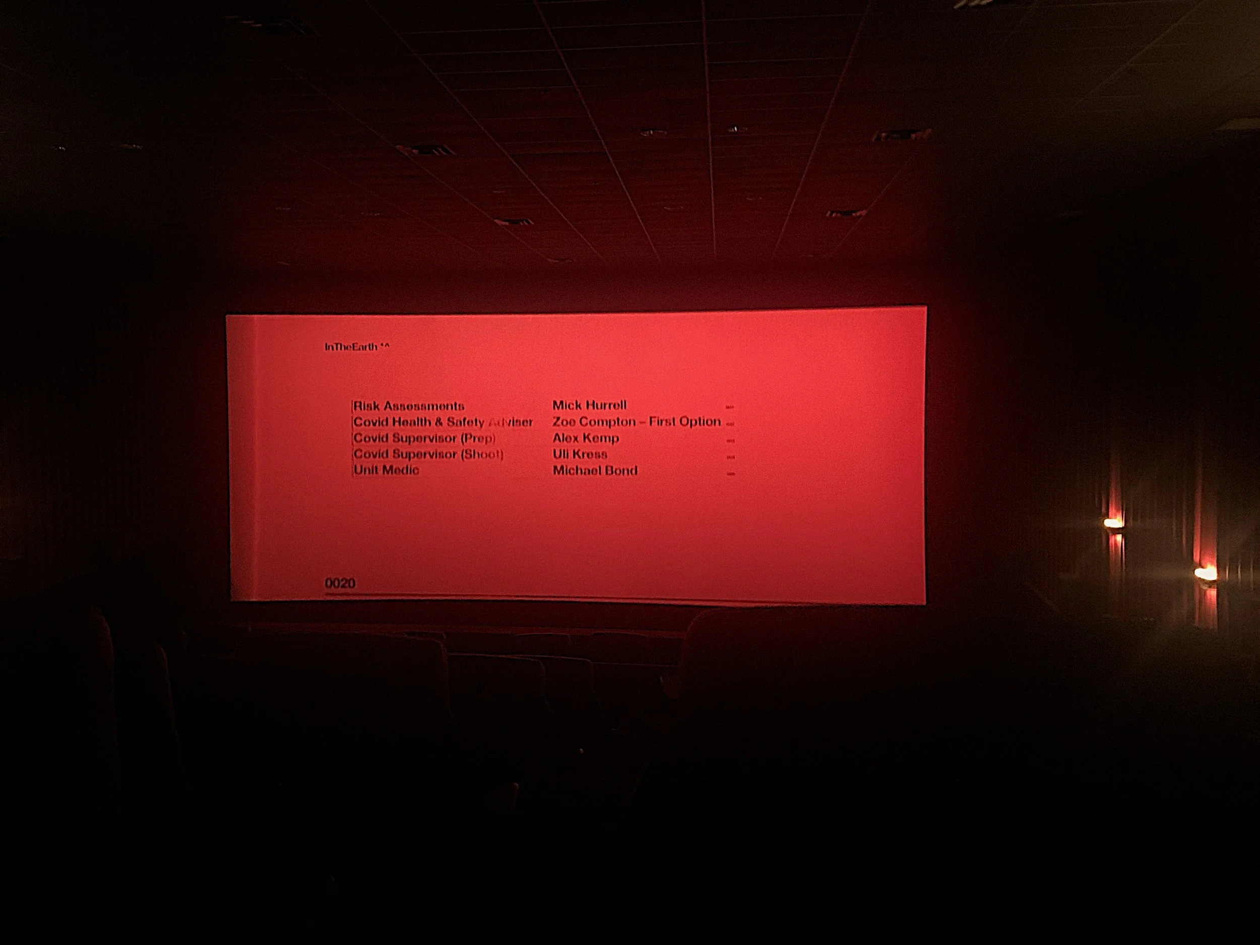 
"In The Earth COVID Safety Team" Film Credits on Theater Screen, April 16th - St. Louis Park, MN

