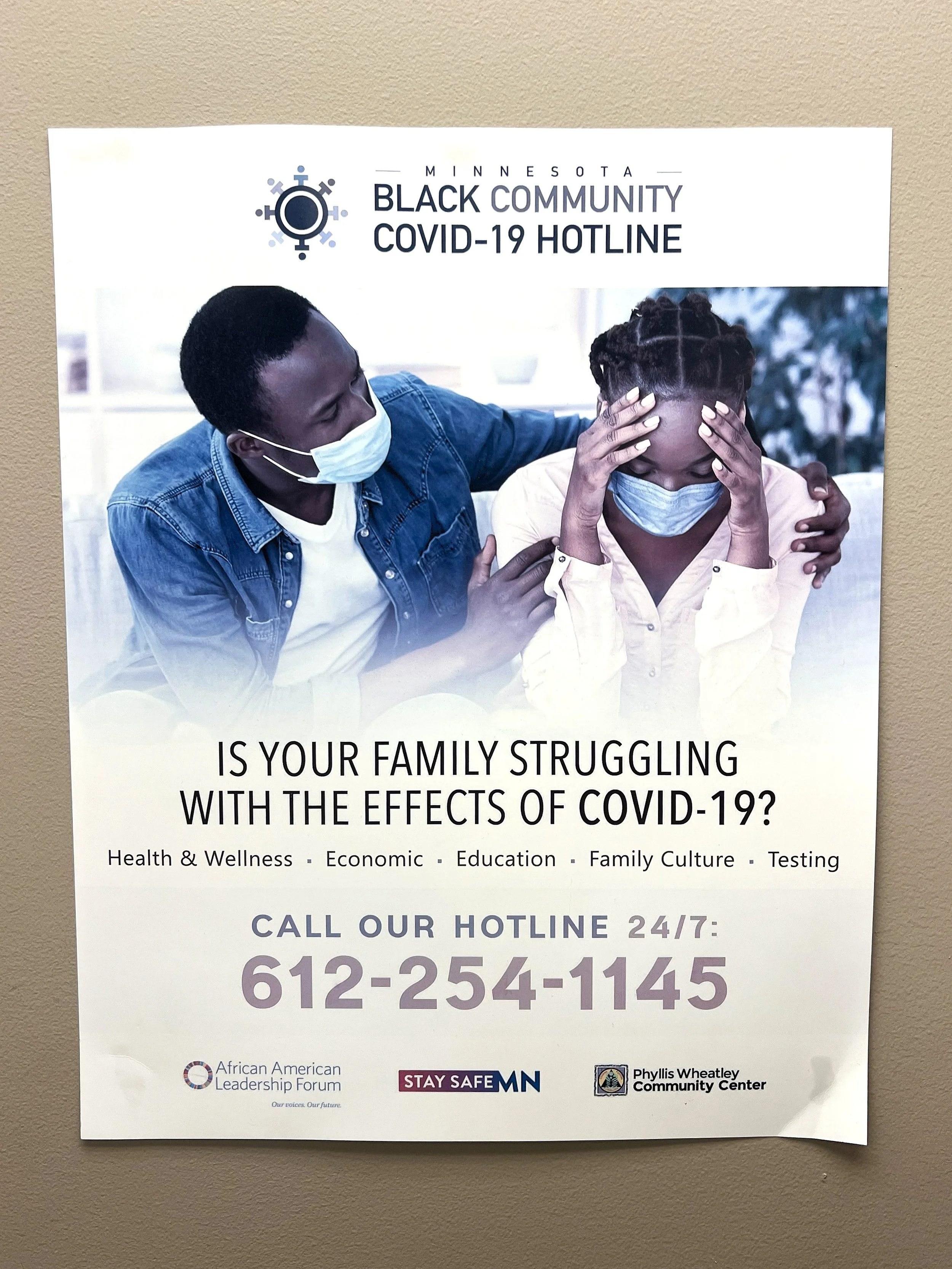 "Black Community COVID-19 Hotline" Printed Poster, North Minneapolis Cub Pharmacy, MN - October 16th