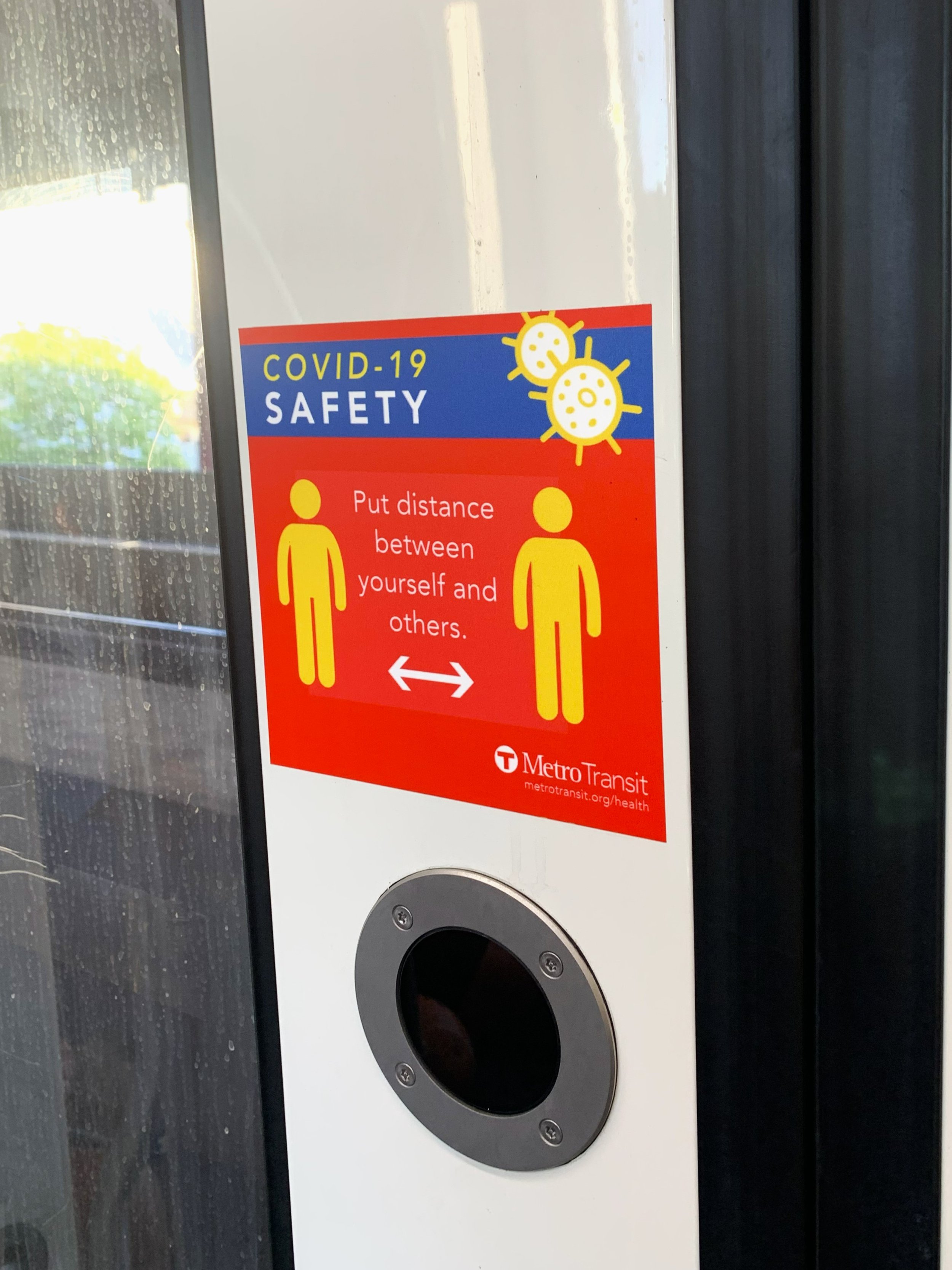 "COVID-19 Safety" Adhesive Notice, MetroTransit Light Rail Car, Washington Ave Bridge, Minneapolis, MN - August 14th