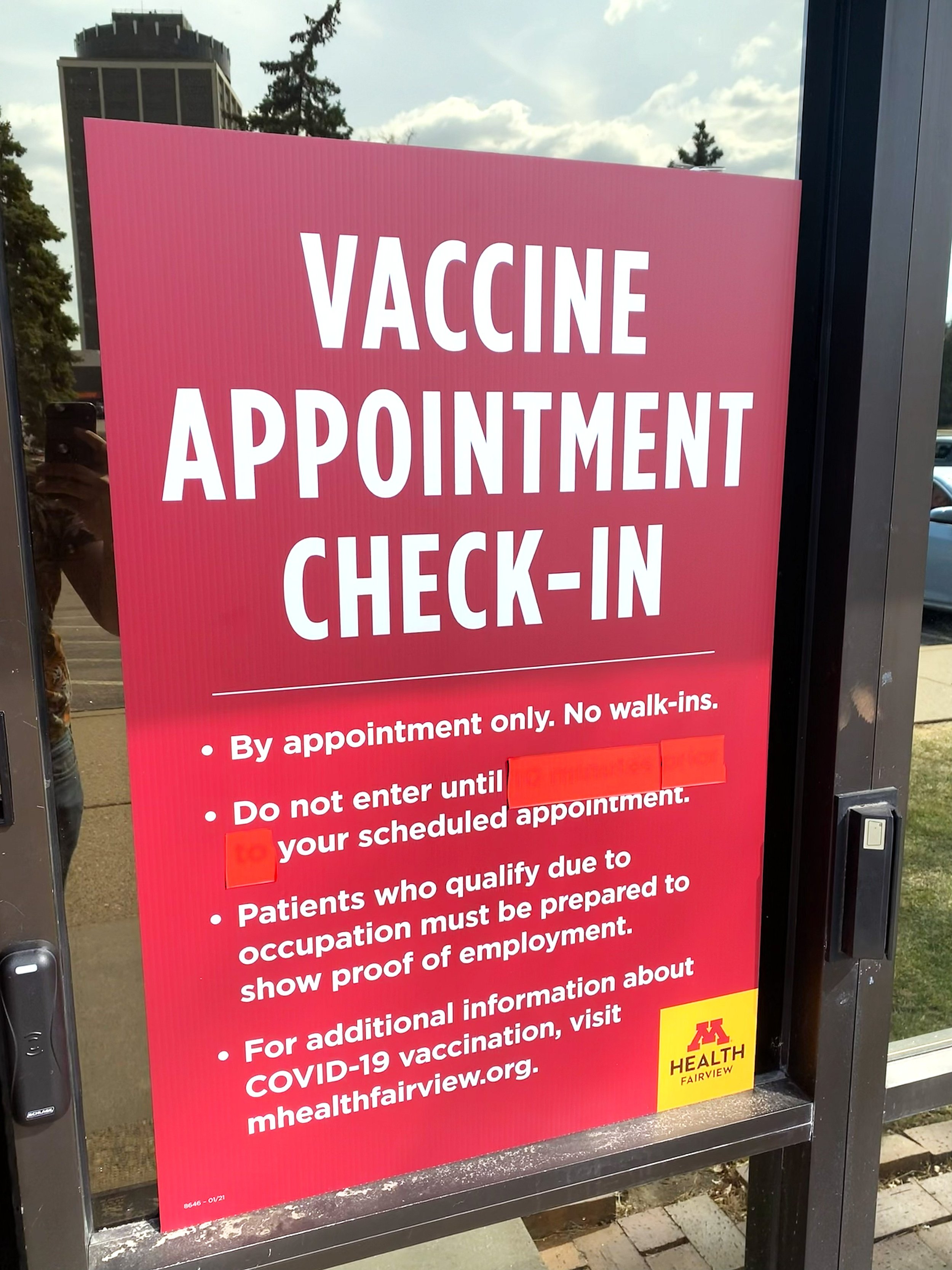 "Vaccine Appointment Check-In", Adhesive Window Poster, MHealth Fairview, Bloomington, MN - April 5th