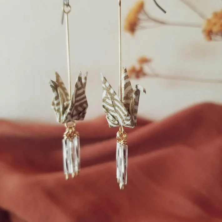 Gold and White Crane Earrings.webp