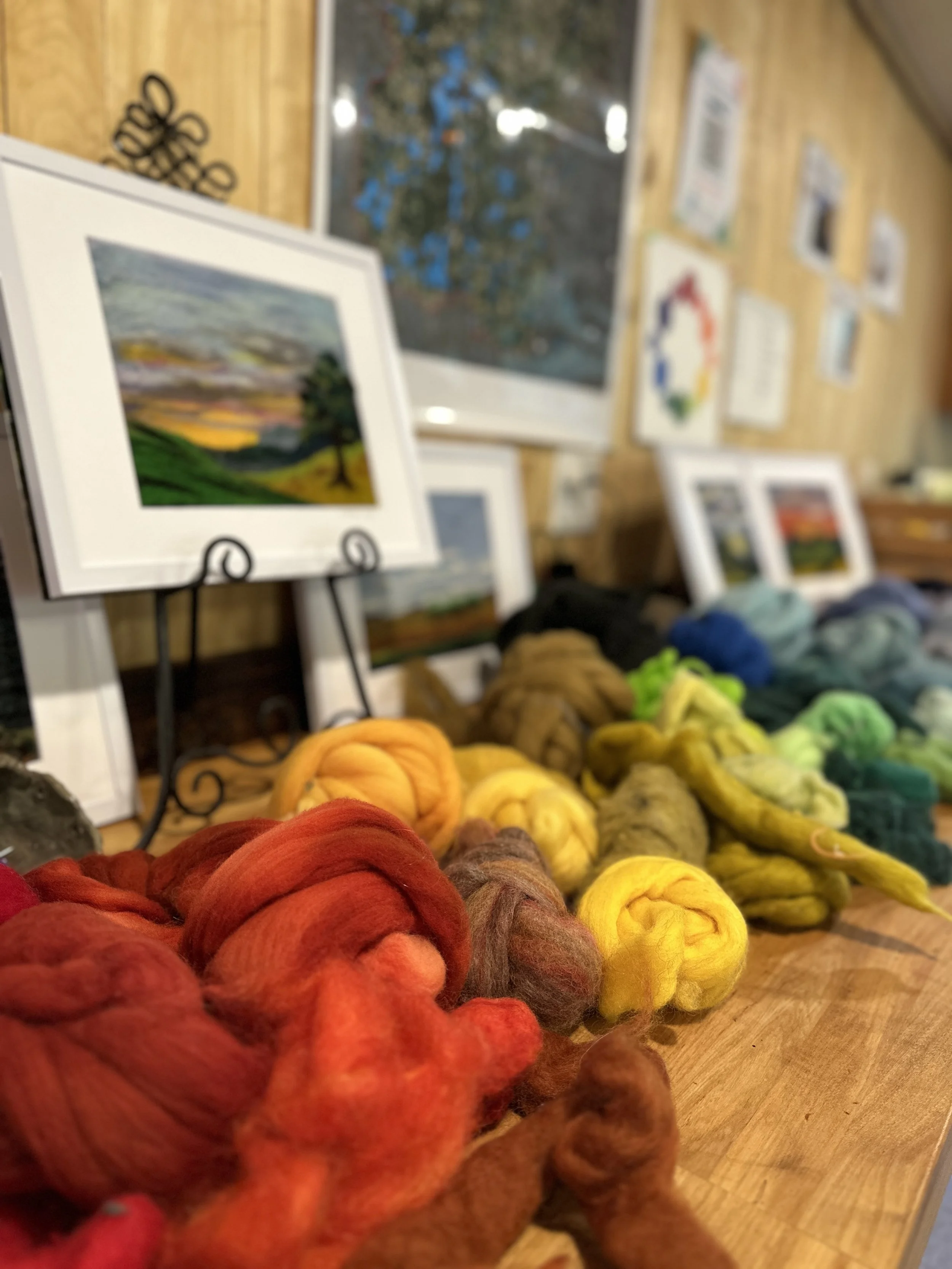 needle felted landscape artwork and supplies