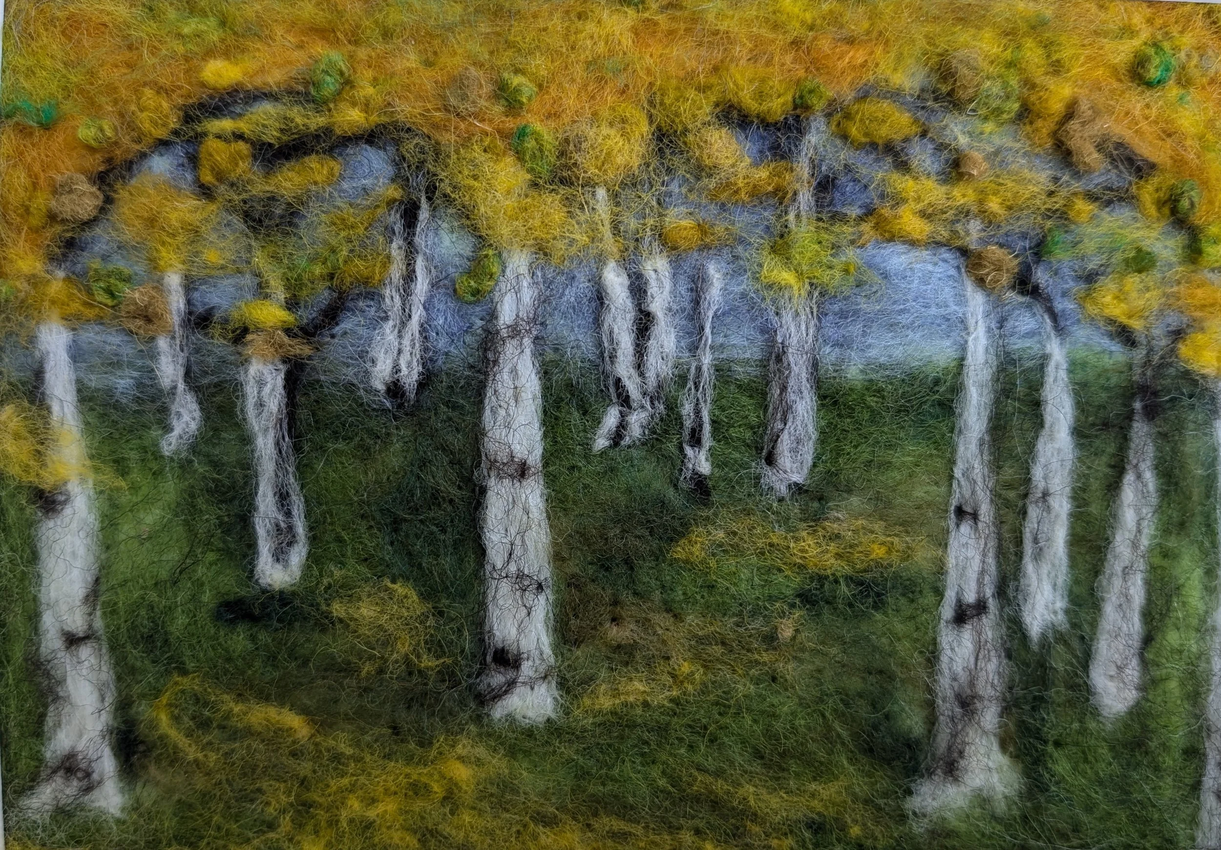 needle felted landscape artwork of birch trees