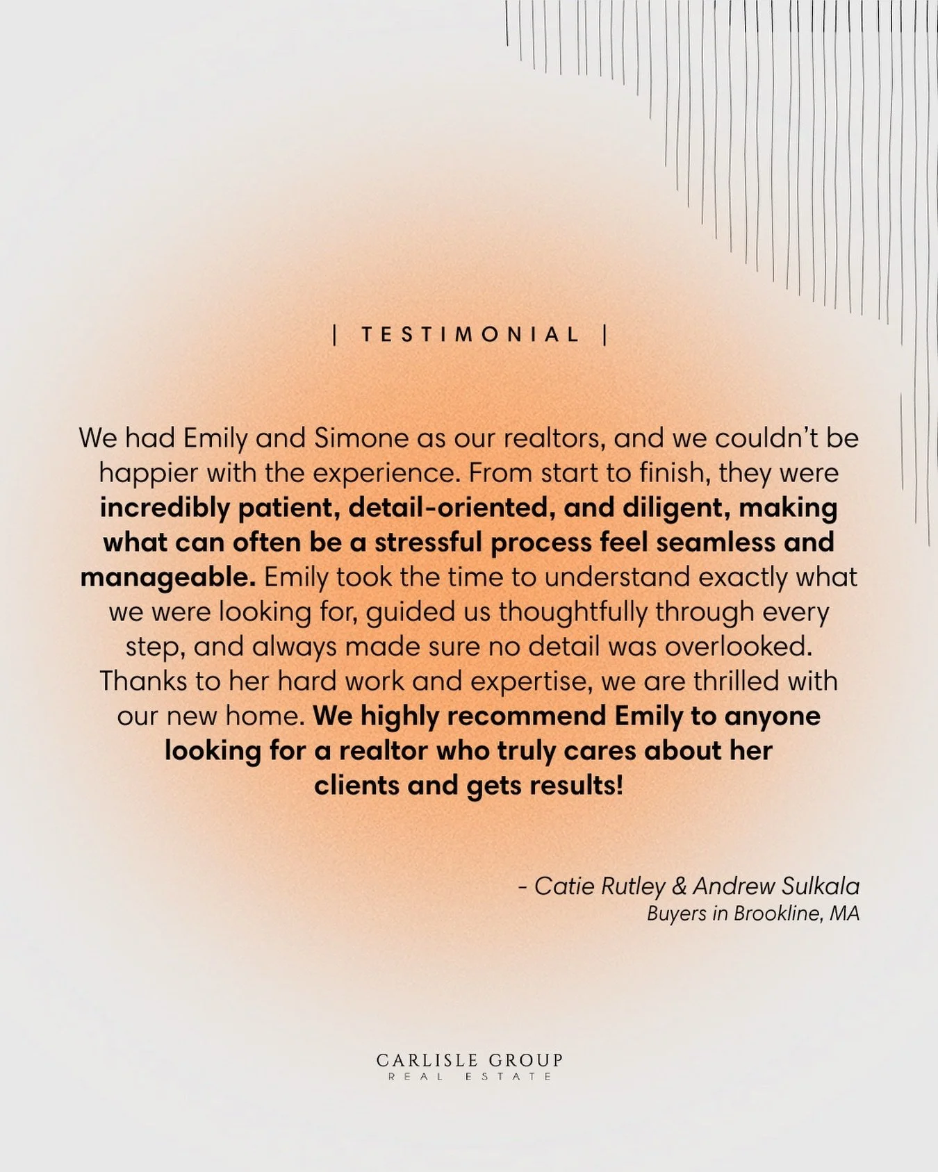 Nothing means more to us than feedback like this 🫶

Helping Catie &amp; Andrew land their home in Brookline was such a great experience, and we&rsquo;re so grateful they trusted @emmynicks and @simone.palx to guide them through it. Buying a home can