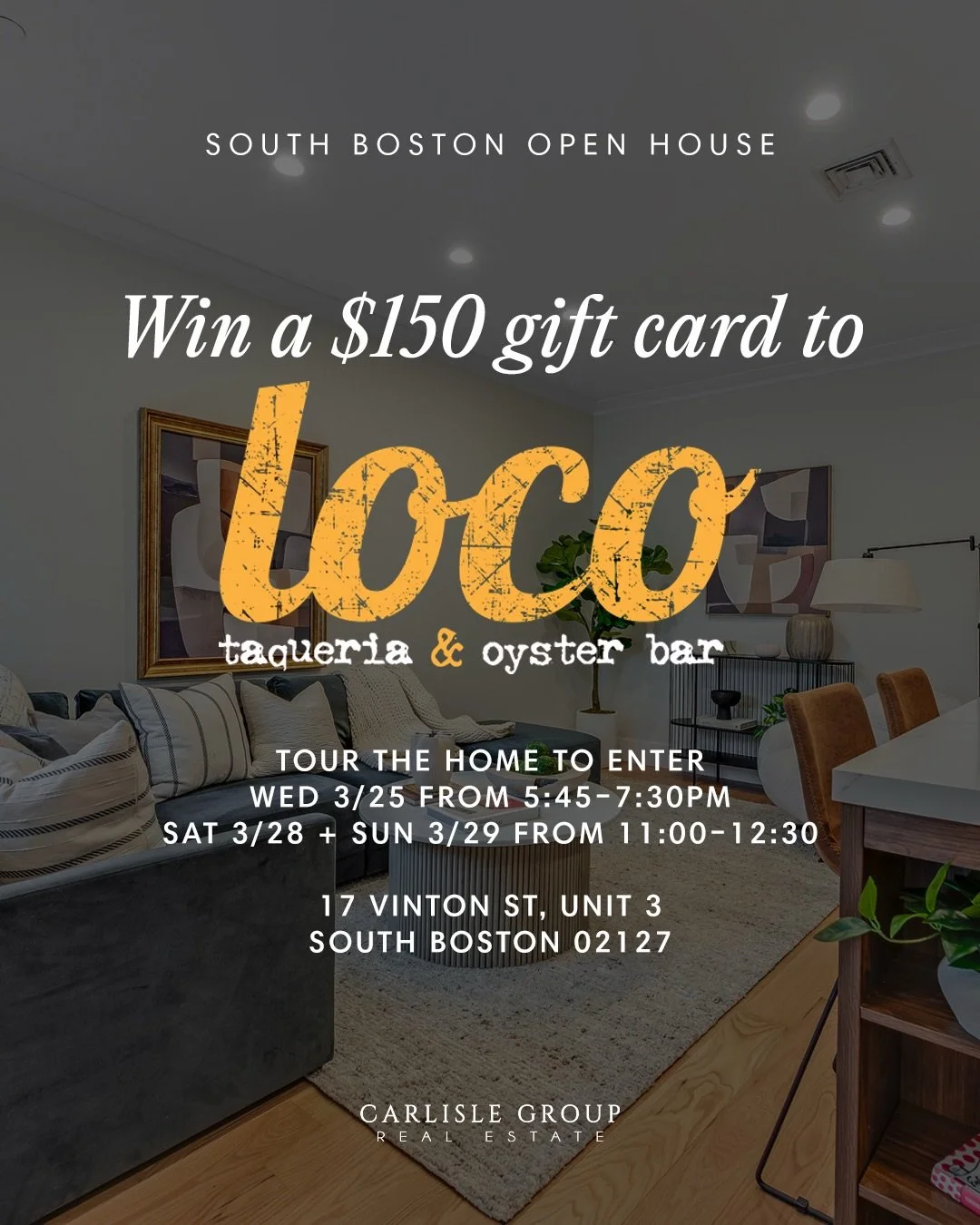 We&rsquo;re adding a little 𝘴𝘰𝘮𝘦𝘵𝘩𝘪𝘯&rsquo; 𝘴𝘰𝘮𝘦𝘵𝘩𝘪𝘯&rsquo; to this week&rsquo;s open house! 

Tour the home at 𝟭𝟳 𝗩𝗜𝗡𝗧𝗢𝗡 𝗦𝗧𝗥𝗘𝗘𝗧, 𝗨𝗡𝗜𝗧 𝟯 this week and you&rsquo;ll be entered to win a $150 gift card to @locotacoshop