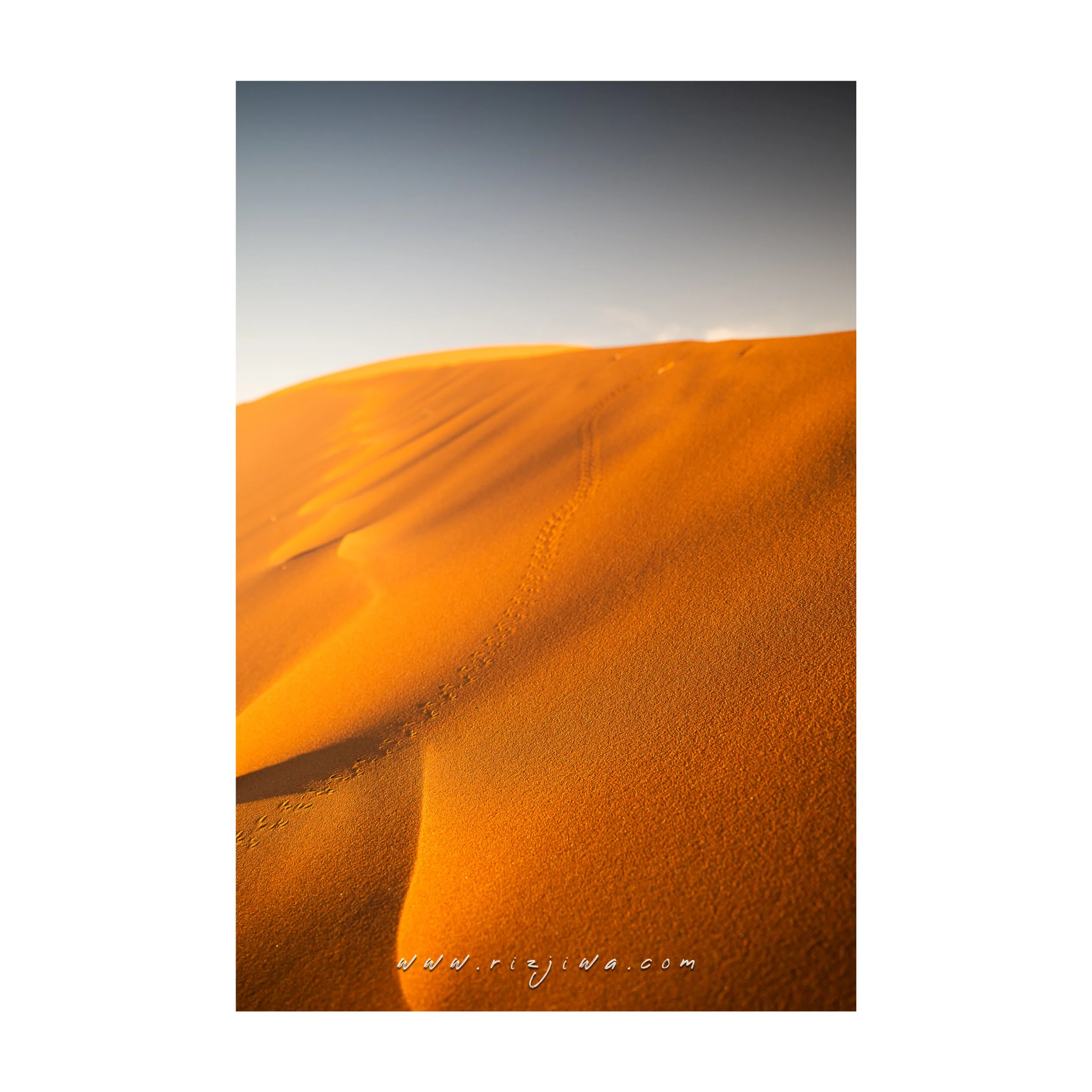 Photo of a vast desert with orange sand dunes and footprints, under a gradient sky transitioning from light to dark.