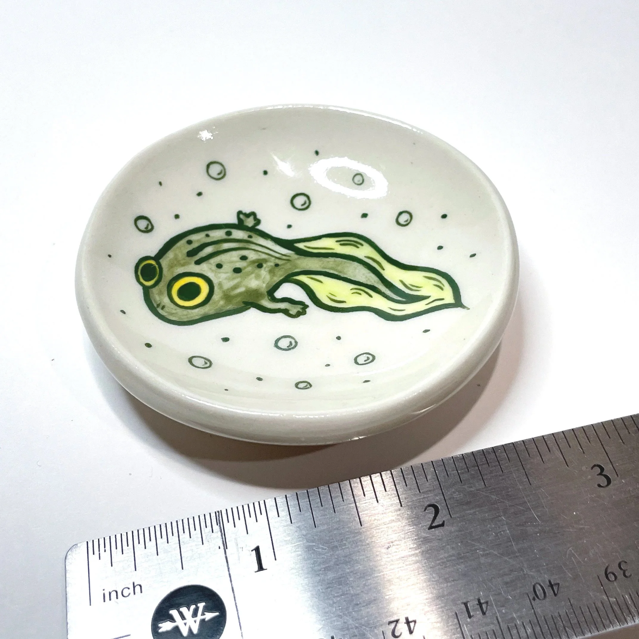 a small trinket dish with a tadpole illustrated on it next to a ruler showing it is three inches wide.