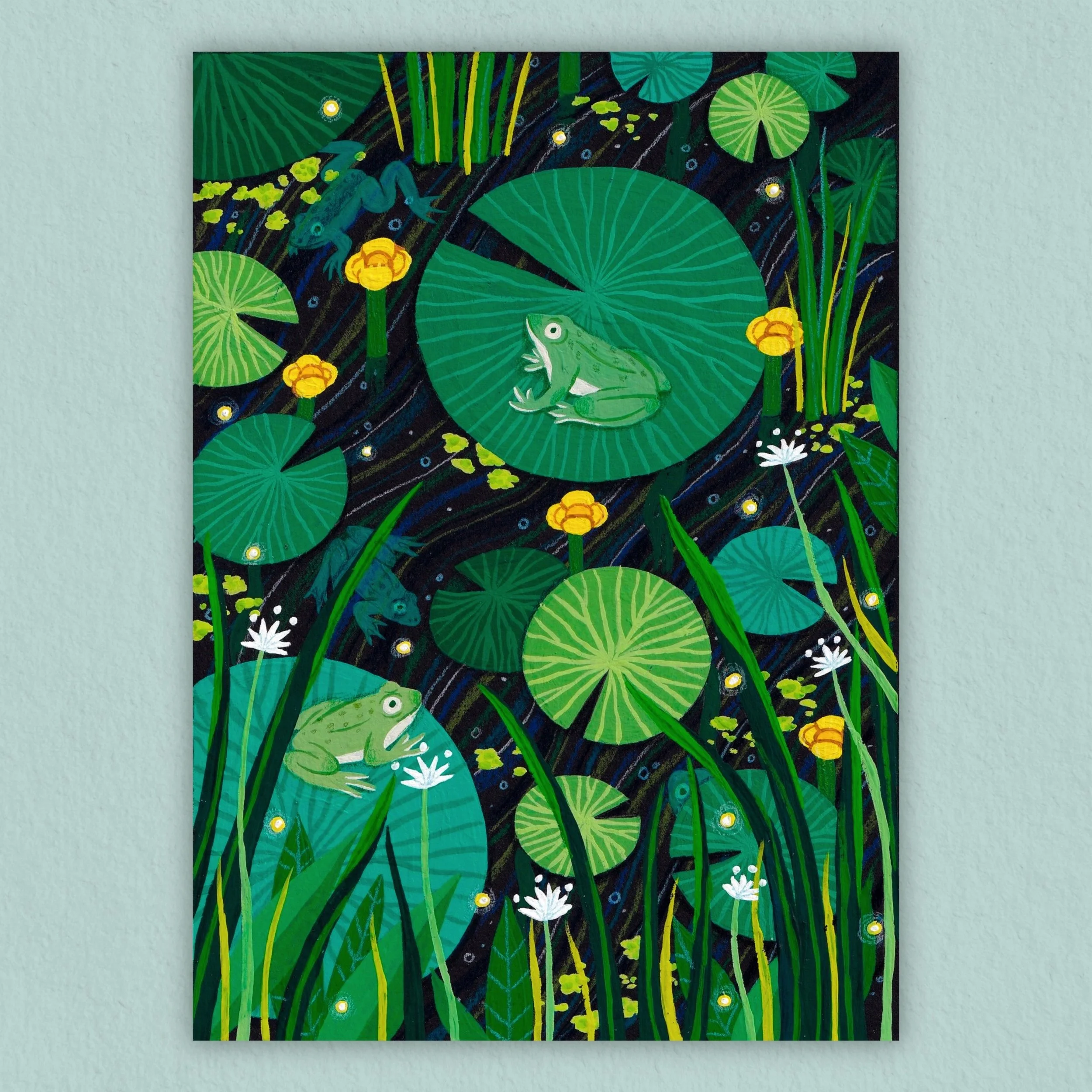 an art print on a pale green background of frogs on lily pads in a pond