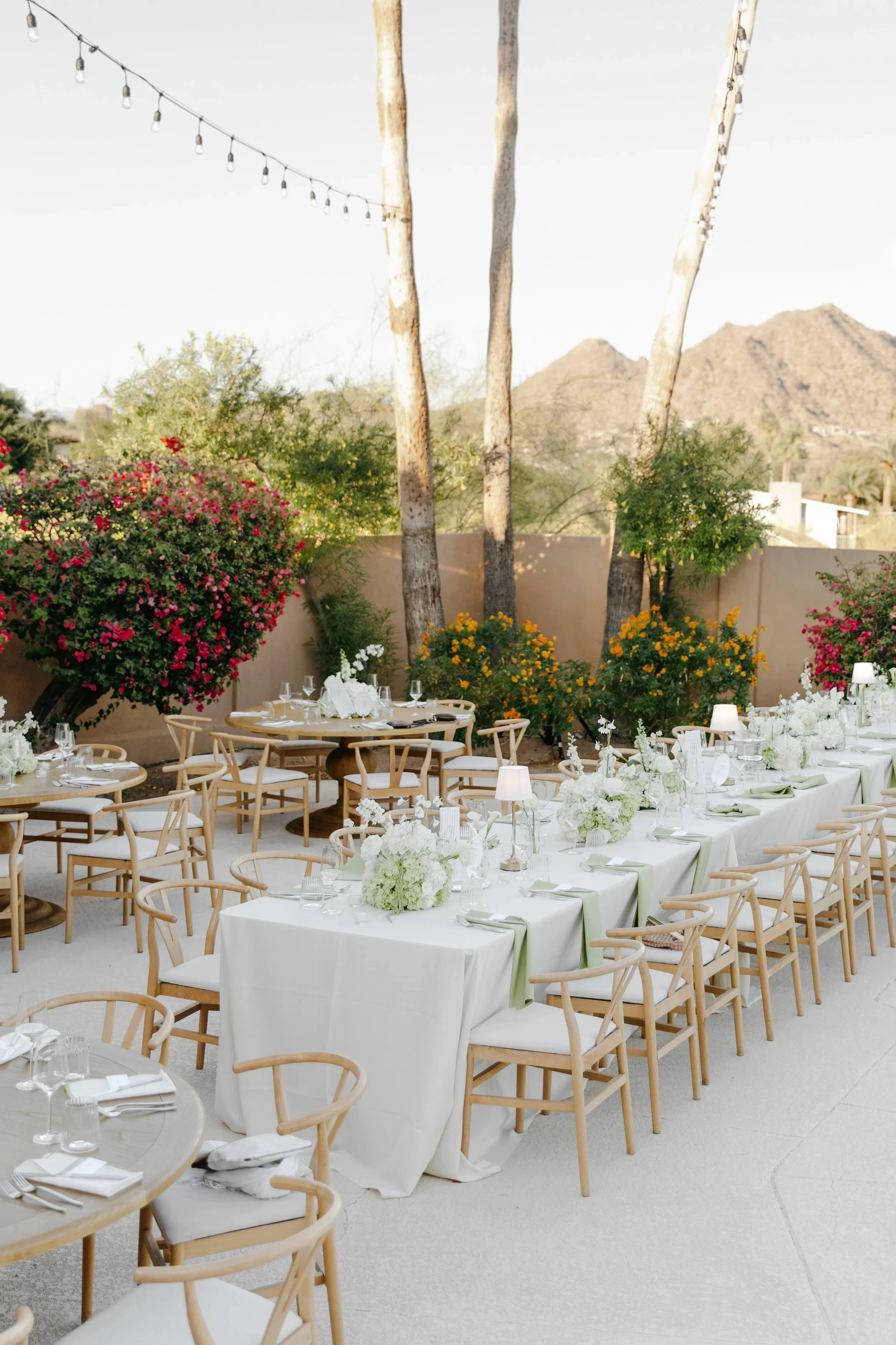An intentional small wedding reception table setup at a private residence near Camelback Mountain. Scottsdale Arizona digital and 35mm film wedding photographer.