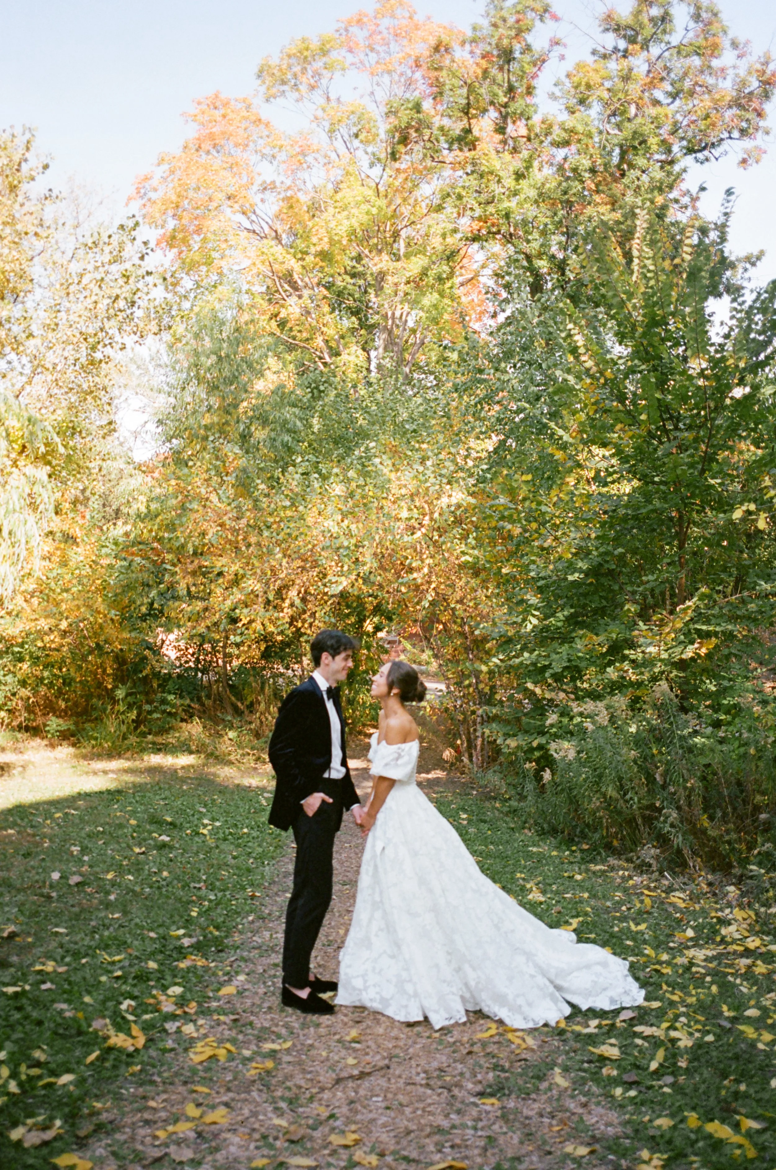 Bride and Groom holding hands and looking at each other while standing under large trees with fall leaves. Private Wayzata Backyard Wedding. Minnesota Wedding Photographer.