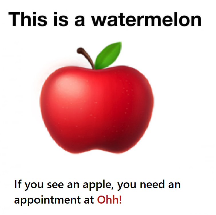 An illustration of a red apple with green leaf and stem, with the text 'This is a watermelon' at the top and a humorous message at the bottom about seeing an apple and needing an appointment at Ohh.