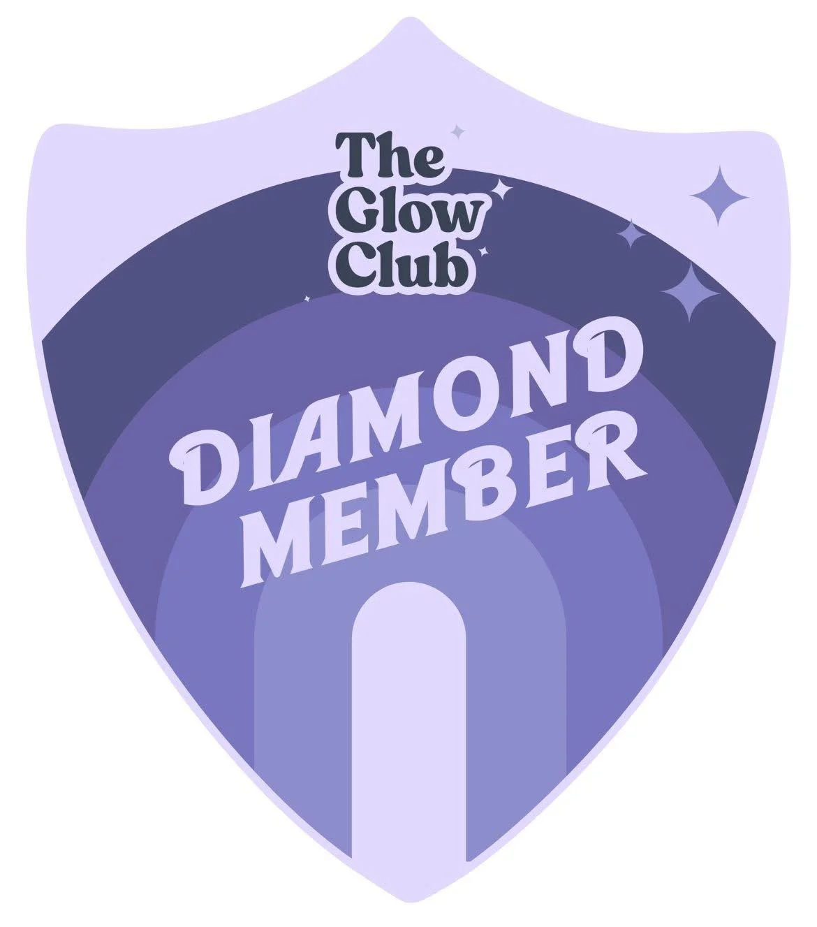 A shield-shaped badge with a purple and blue color scheme, featuring the text 'The Glow Club' at the top and 'Diamond Member' in the center, surrounded by star icons.