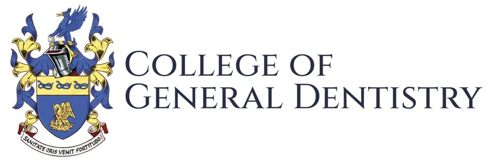 The logo of the College of General Dentistry featuring a crest with a blue shield, a lion, and a crest with a blue dragon, accompanied by gold and blue decorative elements, and the text 'College of General Dentistry'.