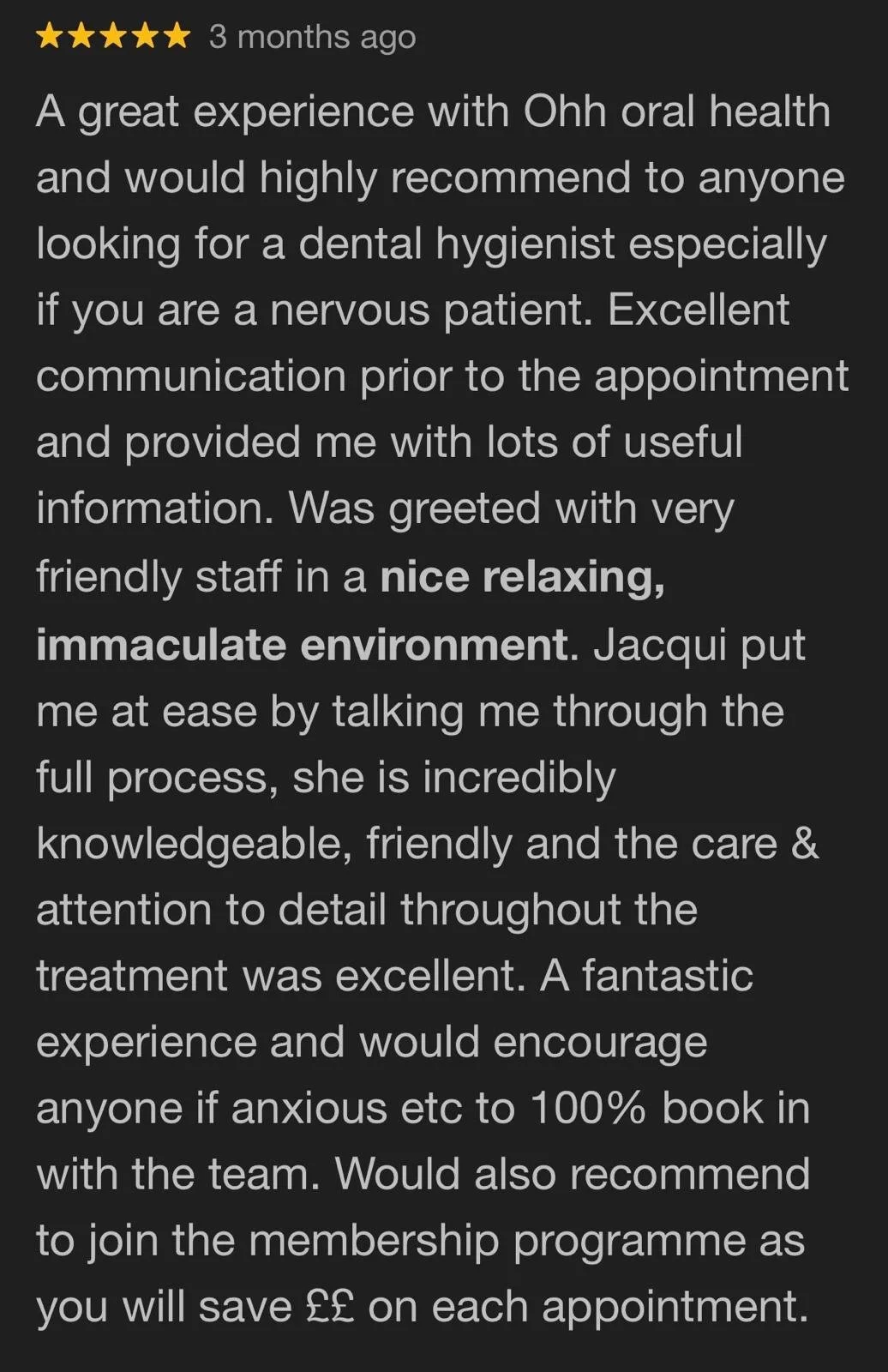 Online review with five stars rating describing a positive experience at a dental clinic, praising the staff's friendliness, professionalism, and detailed care.