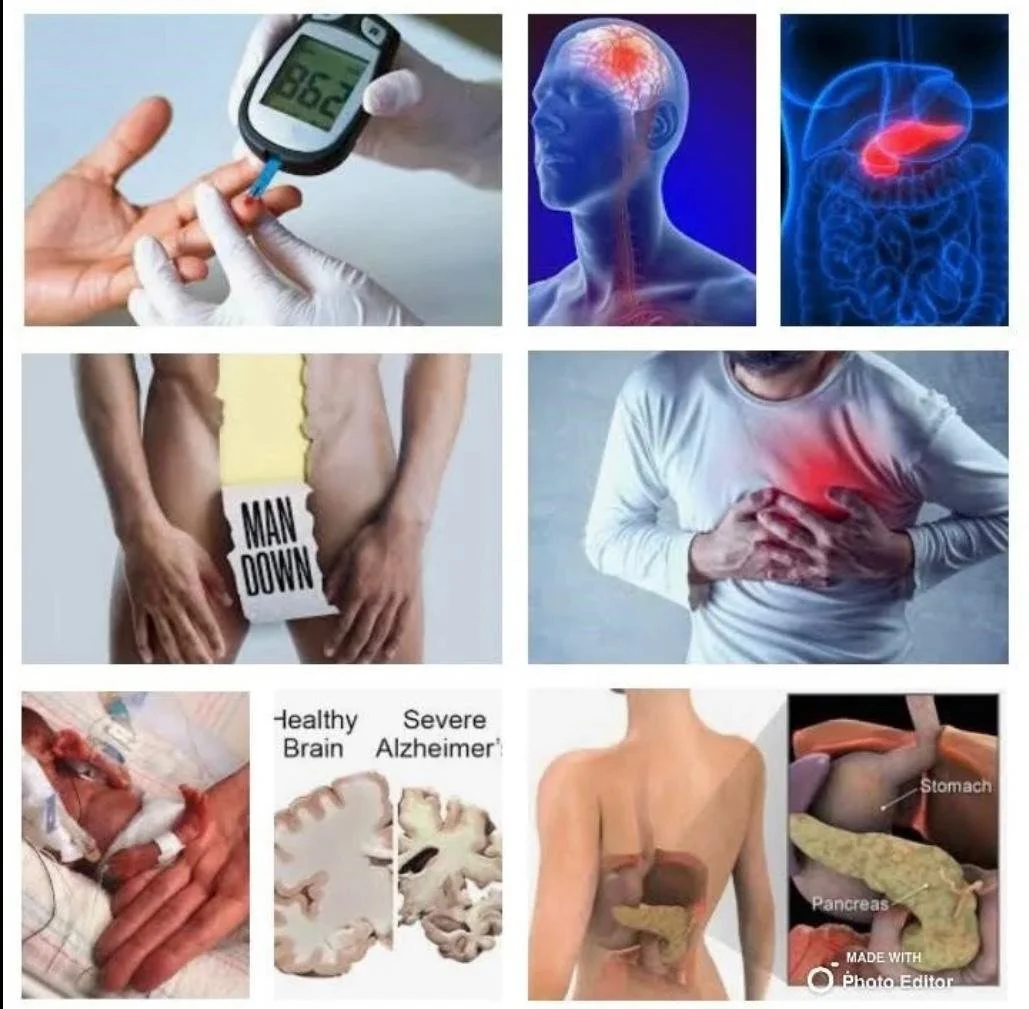 A collage of medical images including a person testing blood sugar, an illustration of a brain with a red area indicating pain, an anatomical drawing of a stomach and intestines with a red highlight, a person with a sign reading 'Man Down' on their lower back, a person clutching their chest with a red area indicating pain, a premature baby in a neonatal intensive care unit, two brain scan images comparing healthy and severe Alzheimer’s, a woman with her back turned showing liver and stomach, and an anatomical diagram of stomach, pancreas, and liver.