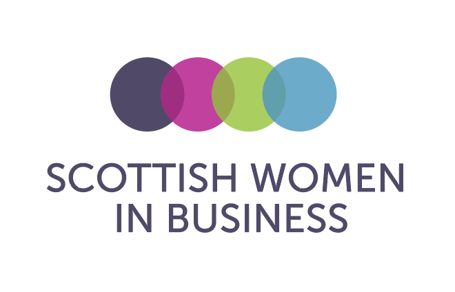 Logo for Scottish Women in Business featuring four overlapping circles in black, magenta, green, and blue, with the organization name below.