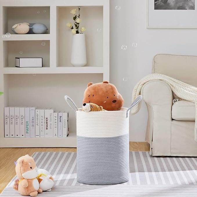 Large Laundry Hamper, Tall Woven Rope Storage Basket for Blanket