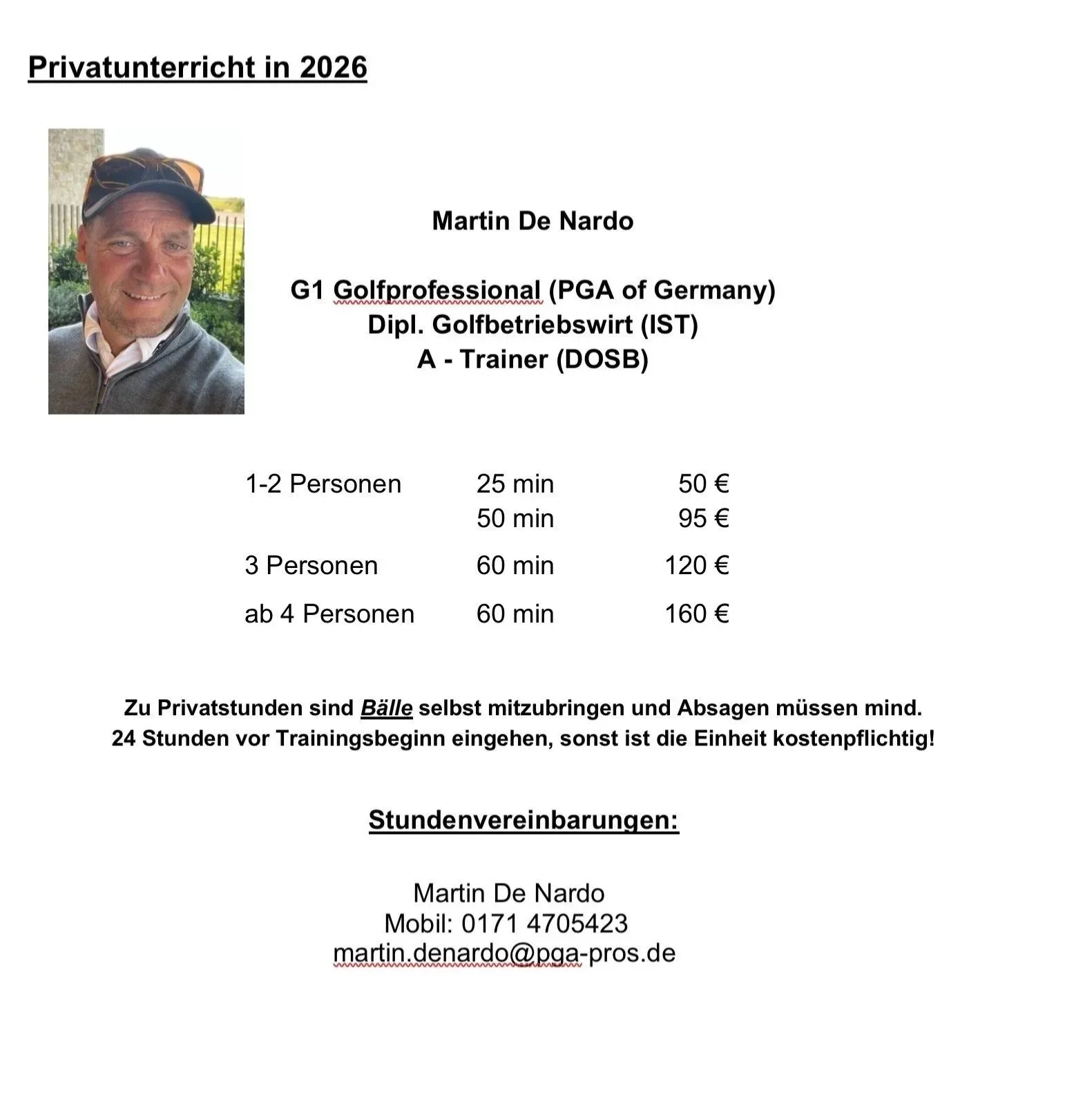 Flyer für Privatunterricht im Golf 2026 mit einem Foto des Trainers, Martin De Nardo, und Informationen zu Preisen, Dauer und Kontaktdaten.