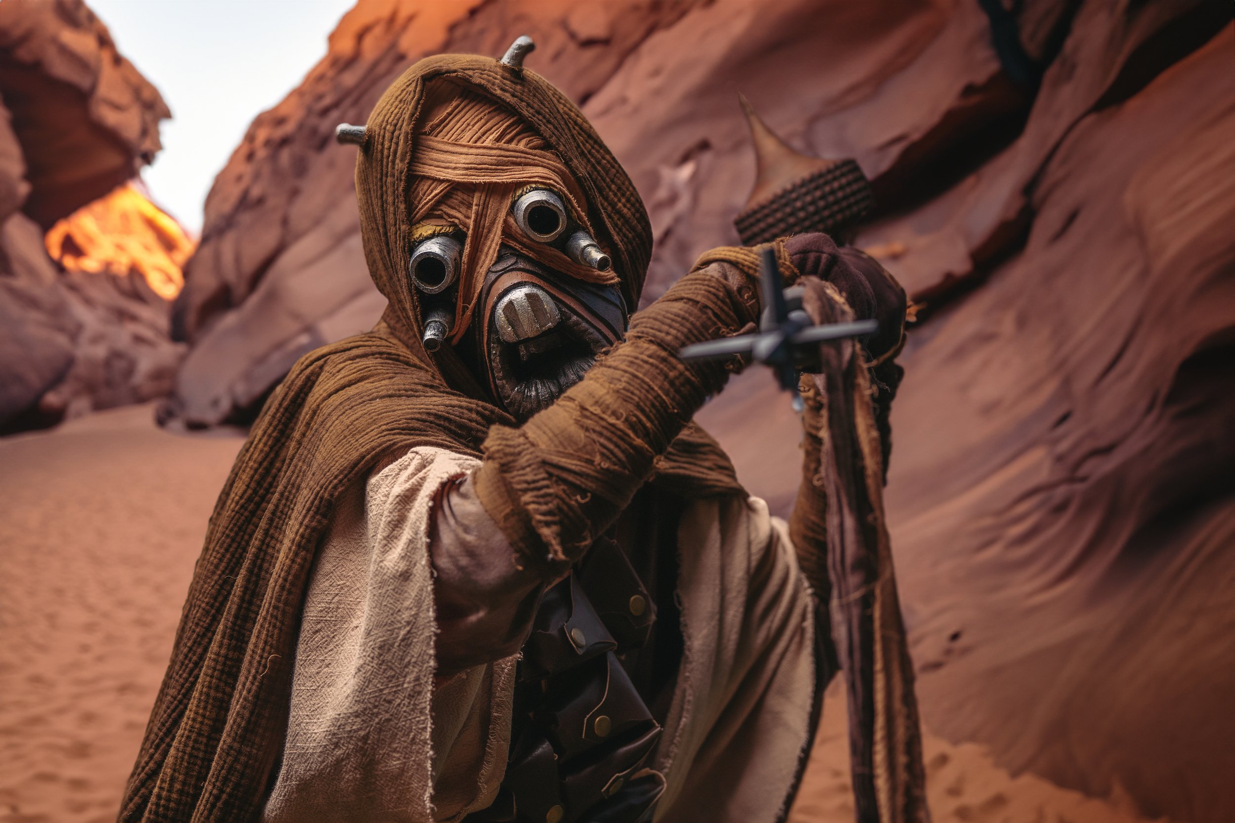 Person in a brown, Star Wars themed desert-themed costume with a masked face and goggles, holding a staff in a canyon setting.