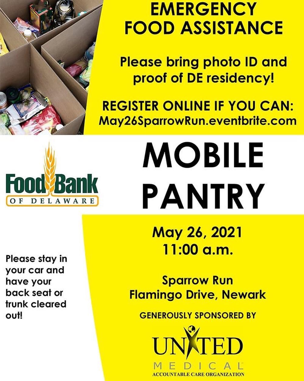 Emergency Food assistance on May 26th! Share with a family or friend! #foodbankofDE