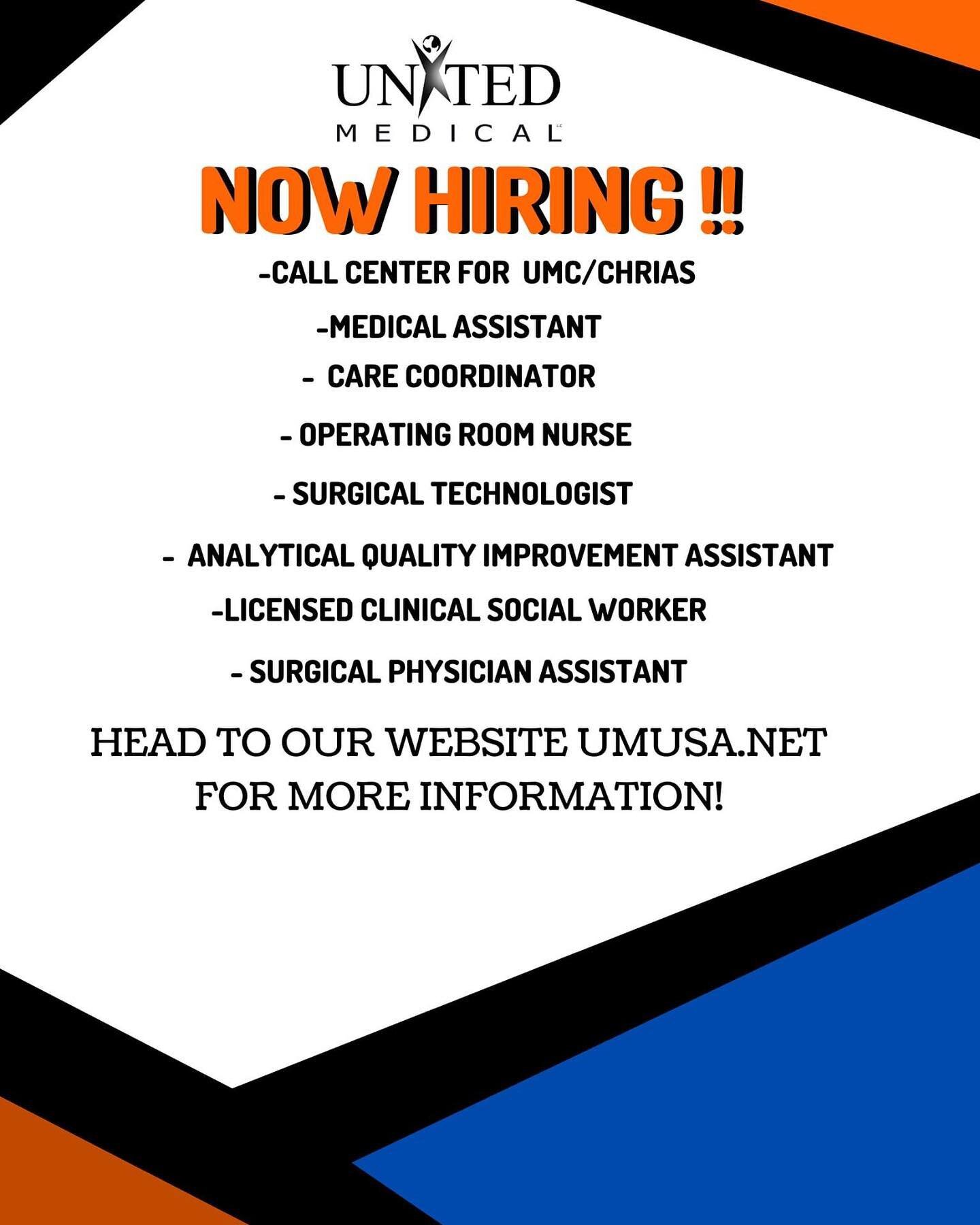 Join the United Medical Family now! Several positions now open, just apply on our website linked in our bio!
Share with family and friends who may be interested! #LINKINBIO