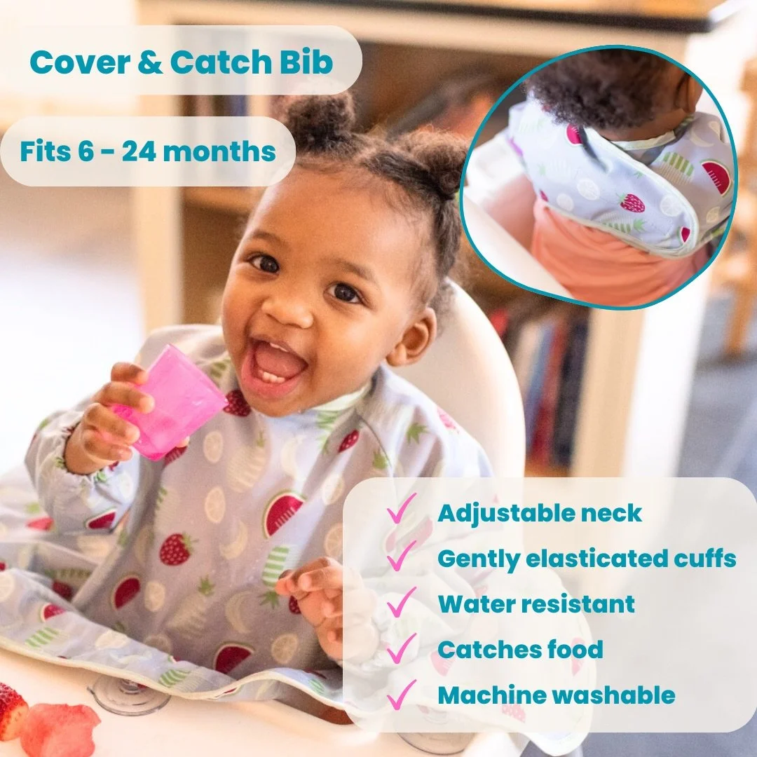 How cute is this little lady in our Cover &amp; Catch Bib in fun fruits print! 🍓🍉

Lifesaver for mealtimes to protect your little one&rsquo;s clothes from spills and stains! 

Lots of other prints to choose from 🦛🦊🦓💕

Support local 🙌🥰 

Laura