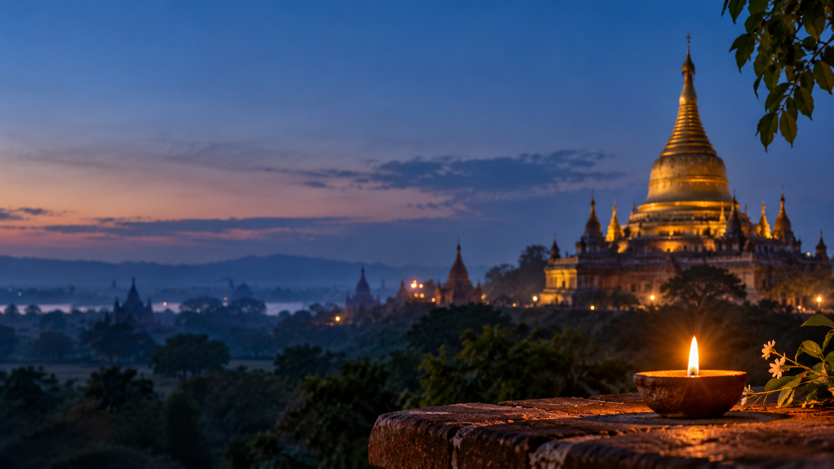 A candle glowing before a Myanmar pagoda at dusk