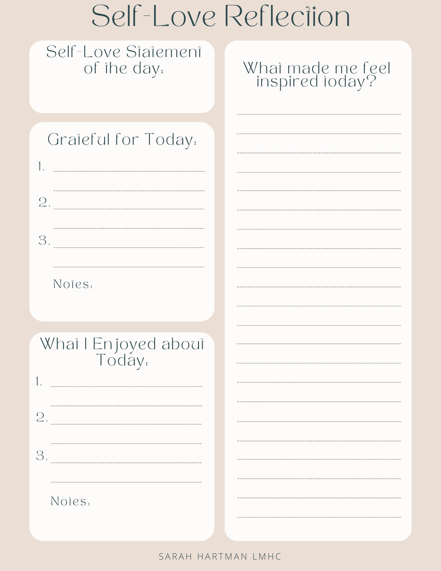 A self-love reflection journal page with prompts for self-love statements, gratitude, and what inspired the user today, along with space for notes and things enjoyed.