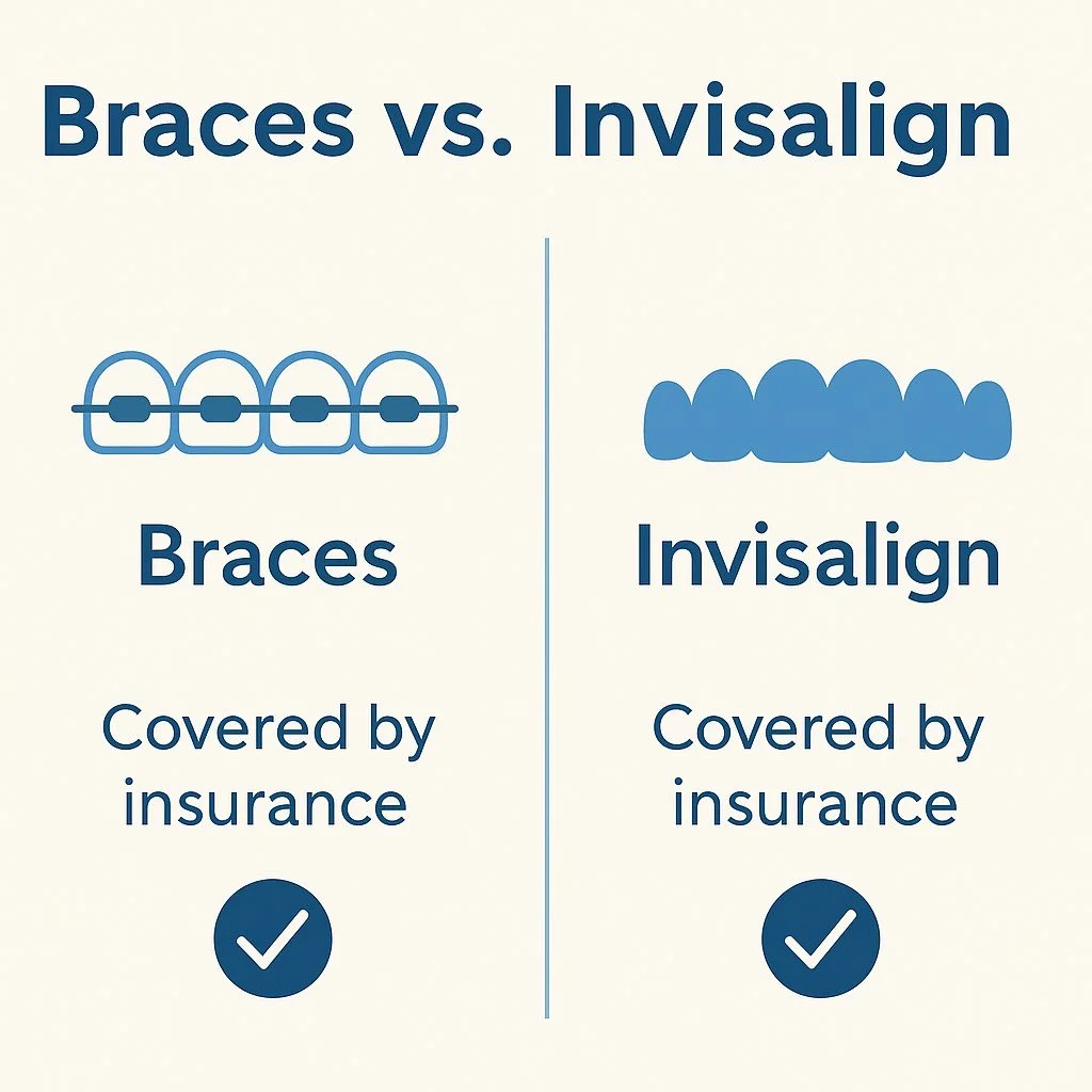 Infographic comparing braces and Invisalign, highlighting Does Insurance Cover Invisalign in Westfield, IN.