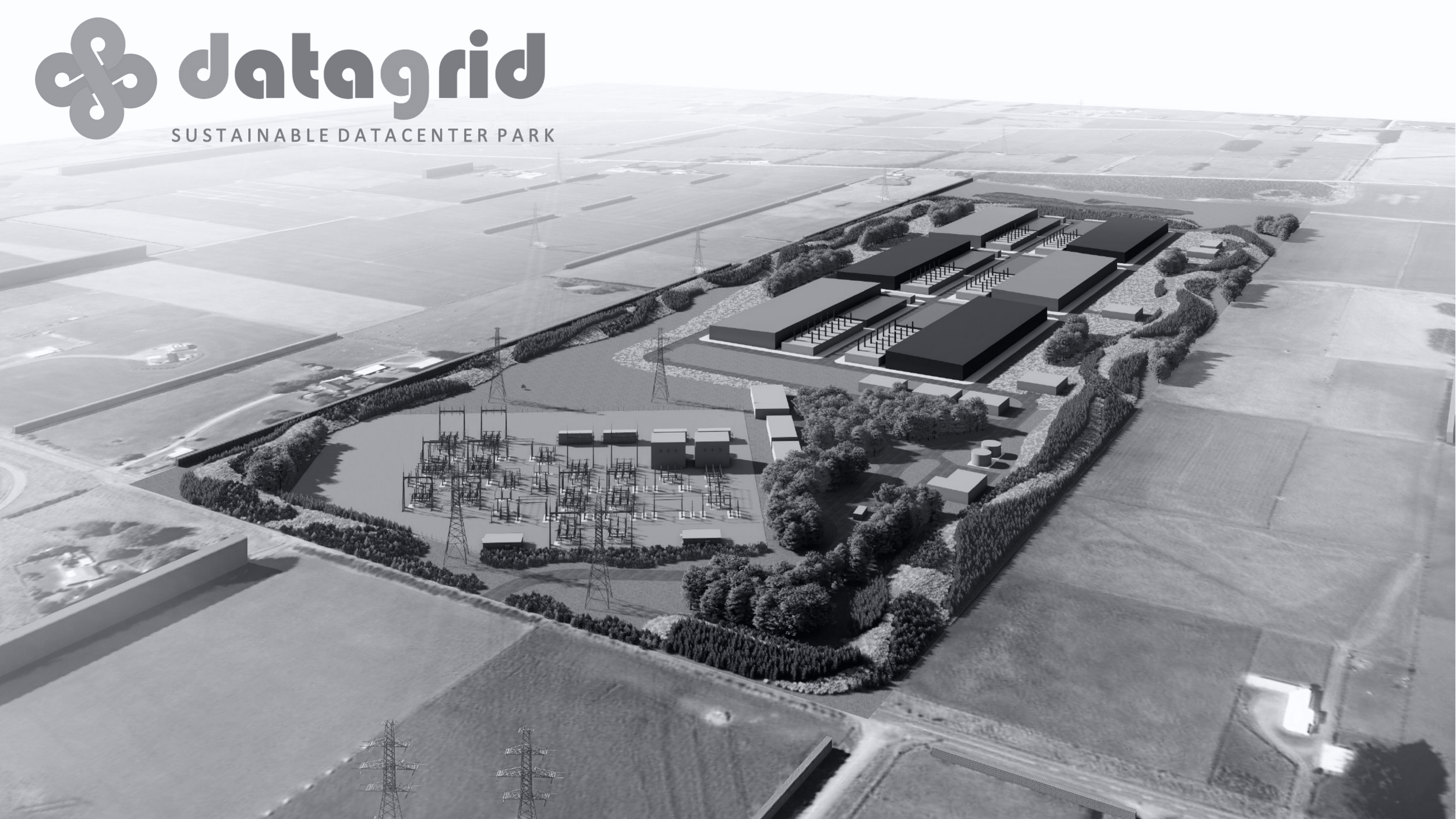 A grayscale illustration of a data center park with multiple buildings, electrical infrastructure, and natural landscaping, labeled 'datagrid sustainable data center park'.
