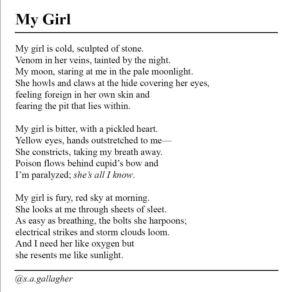 𝗠𝘆 𝗚𝗶𝗿𝗹 ⁣
⁣
Poem by S.A. Gallagher⁣
⁣
&bull;⁣
⁣
&bull;⁣
⁣
&bull;⁣
⁣
#poemoftheday #poetsofinstagram #poemsofinstagram #poetrycommunity #poetryporn #poetryisnotdead #poetrylovers