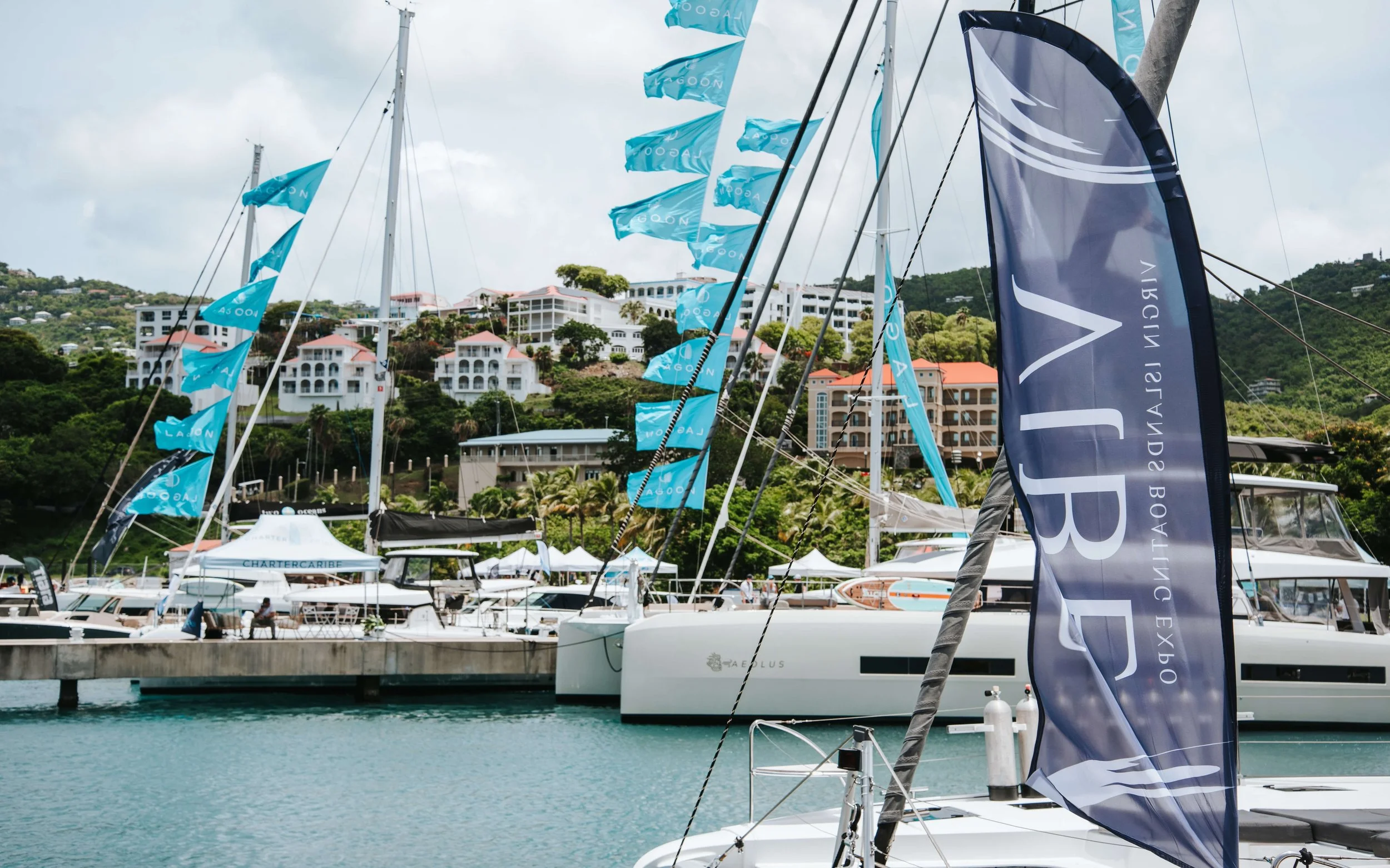Marina with yachts, sailboats, and boats docked, with blue flags and banners, hillside luxury condos, cloudy sky.