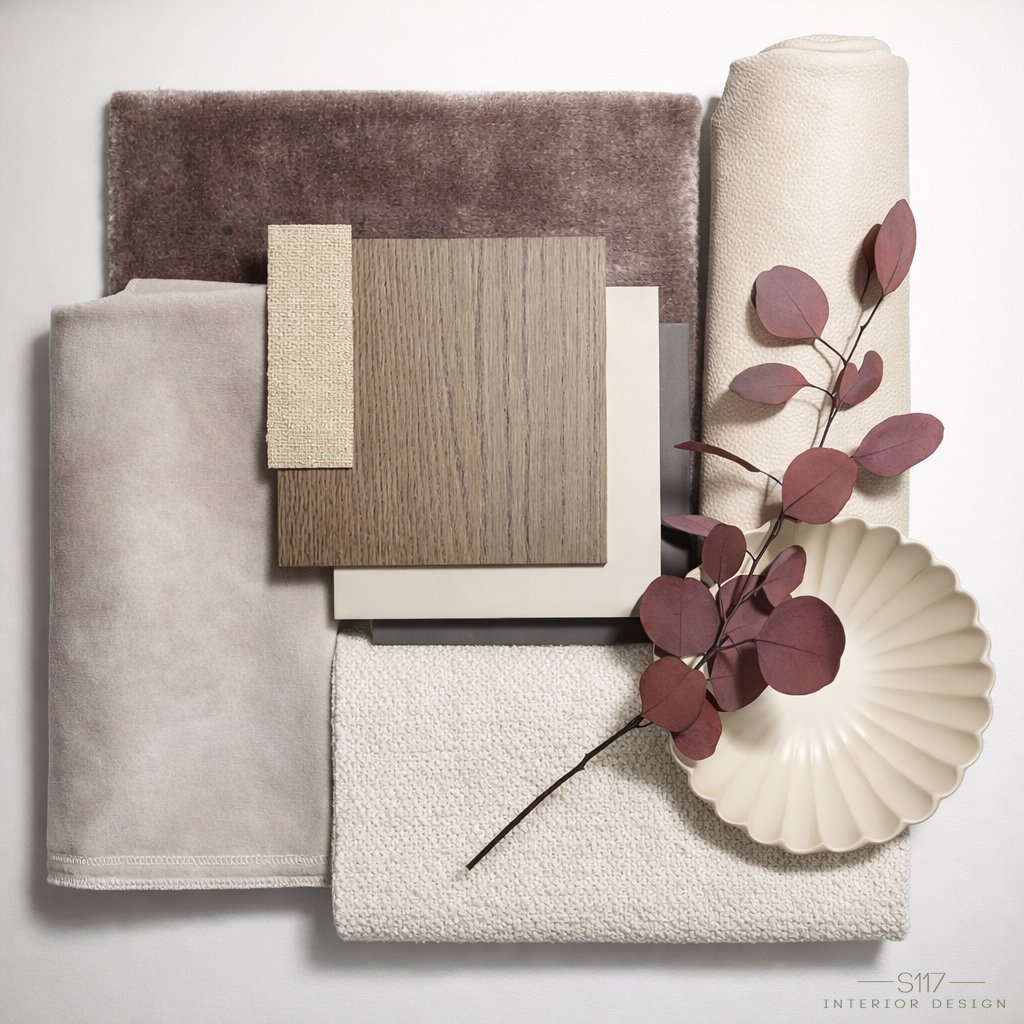 Newstead Apartment - Living & dining material palette. Neutral, grounded, tonal. 