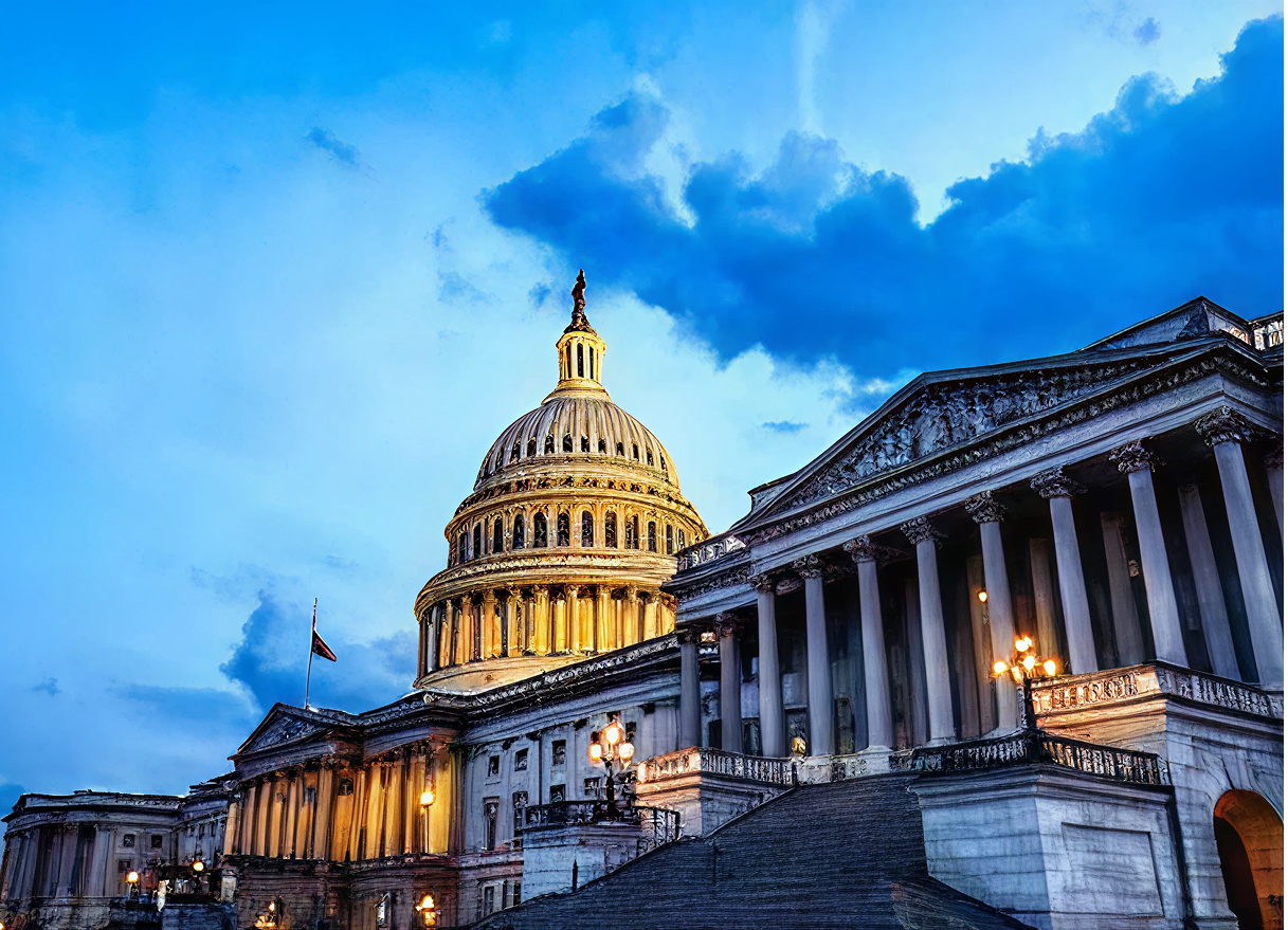Modern courthouse building at night representing high-stakes technology litigation
